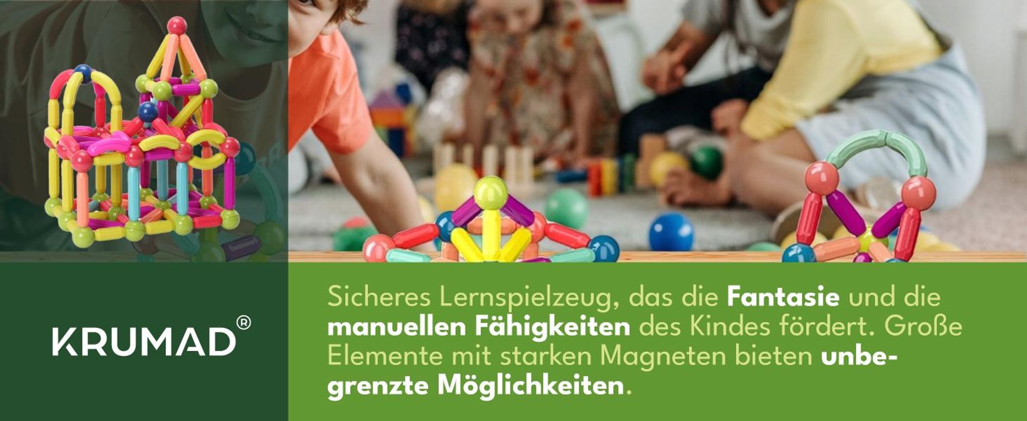 KRUMAD Magnetische Bauklötze 120 Teile - Kreatives Lernspielzeug für Kinder, große Bausteine