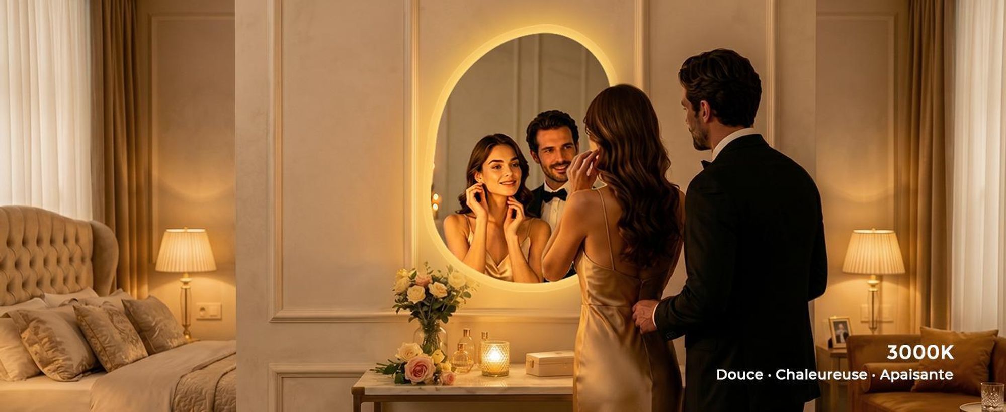 Miroir de salle de bain éclairé S'AFIELINA, 60x80 cm, miroir LED asymétrique, sans cadre, 3 couleurs de lumière, variateur d'intensité, anti-buée, fonction mémoire
