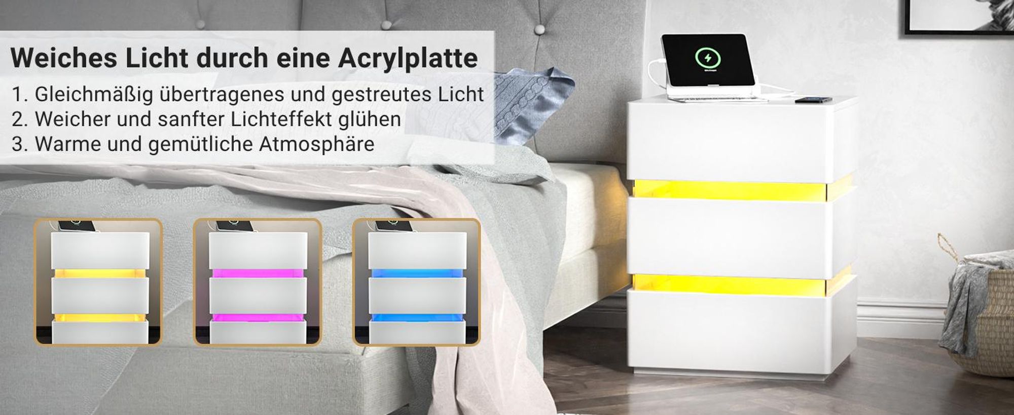 FCH 2er Set Nachtschrank mit LED-Beleuchtung, 3 Schubladen, 2 AC-Steckdosen, 2 USB-Anschlüsse, Nachtkommode, Nachttisch, Weiß