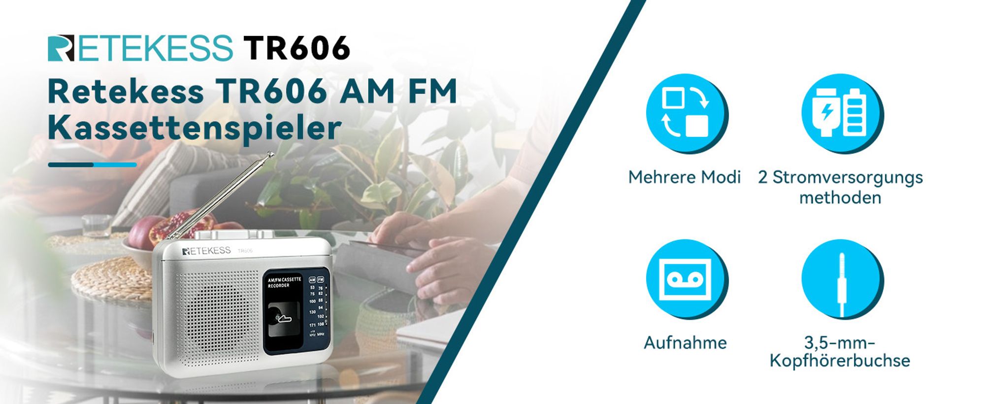 Retekess TR606 Walkman-Kassettenrekorder,Tragbarer Kassettenspieler, FM-AM-Radio, , 3,5 mm Kopfhöreranschluss, spielt alte Kassetten ab (Silber)