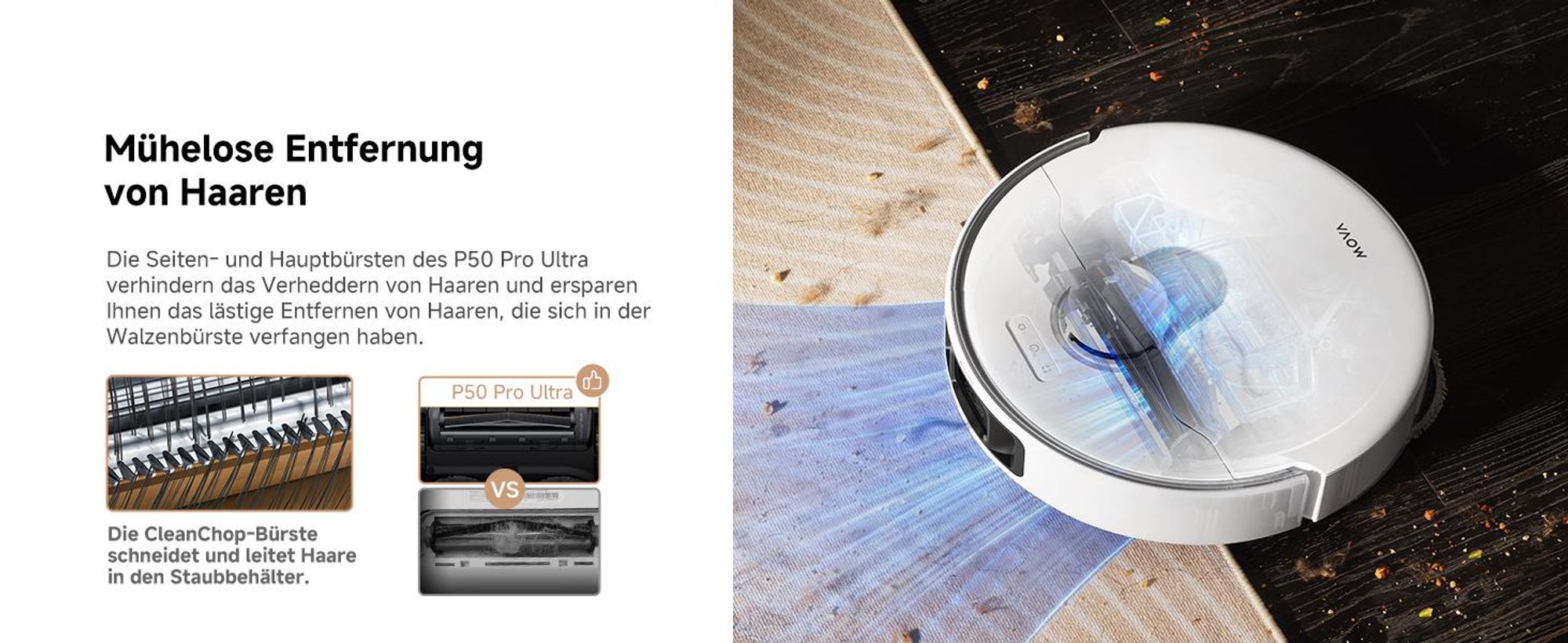 MOVA P50 Pro Ultra Saugroboter 19.000 Pa, Mopp 75 °C, LDS, AI+LED Hindernisvermeidung + Reinigungsflüssigkeit