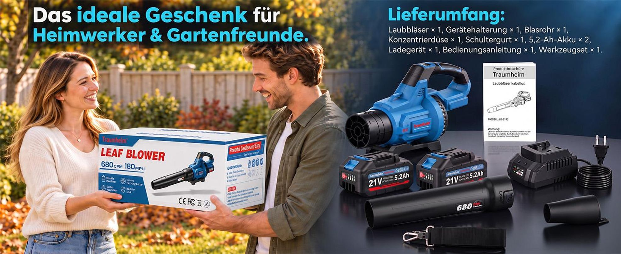 Akku Laubbläser, Akku laubsauger mit 2 x 5,2 Ah Akkus und Ladegerät, bis 290 km/h, 1200 m³/h, 3 Stufen, Schultergurt, für Garten und Terrasse