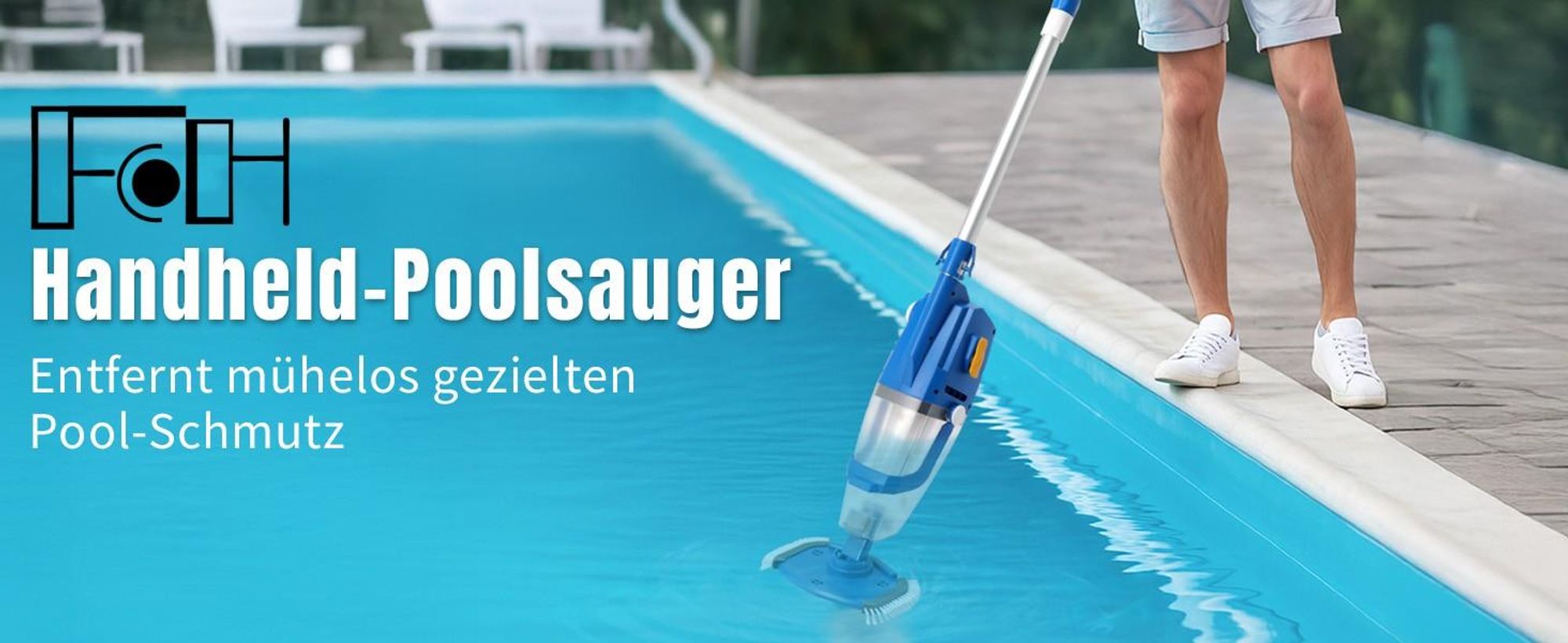 FCH Poolsauger, Kabelloser Akku-Poolsauger mit Teleskopstange, Starke Saugkraft, Lange Laufzeit, 33W, Blau