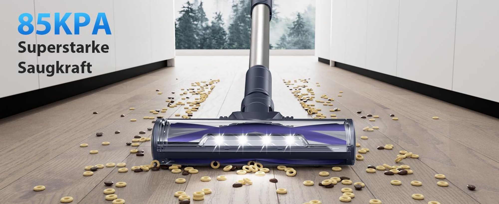 Akku Staubsauger Kabellos 85kPa/65Min, Akkustaubsauger beutellos mit AUTO-Modus, HEPA-Filter, LED-Bodenbürste für Tierhaare, Teppich & Hartboden