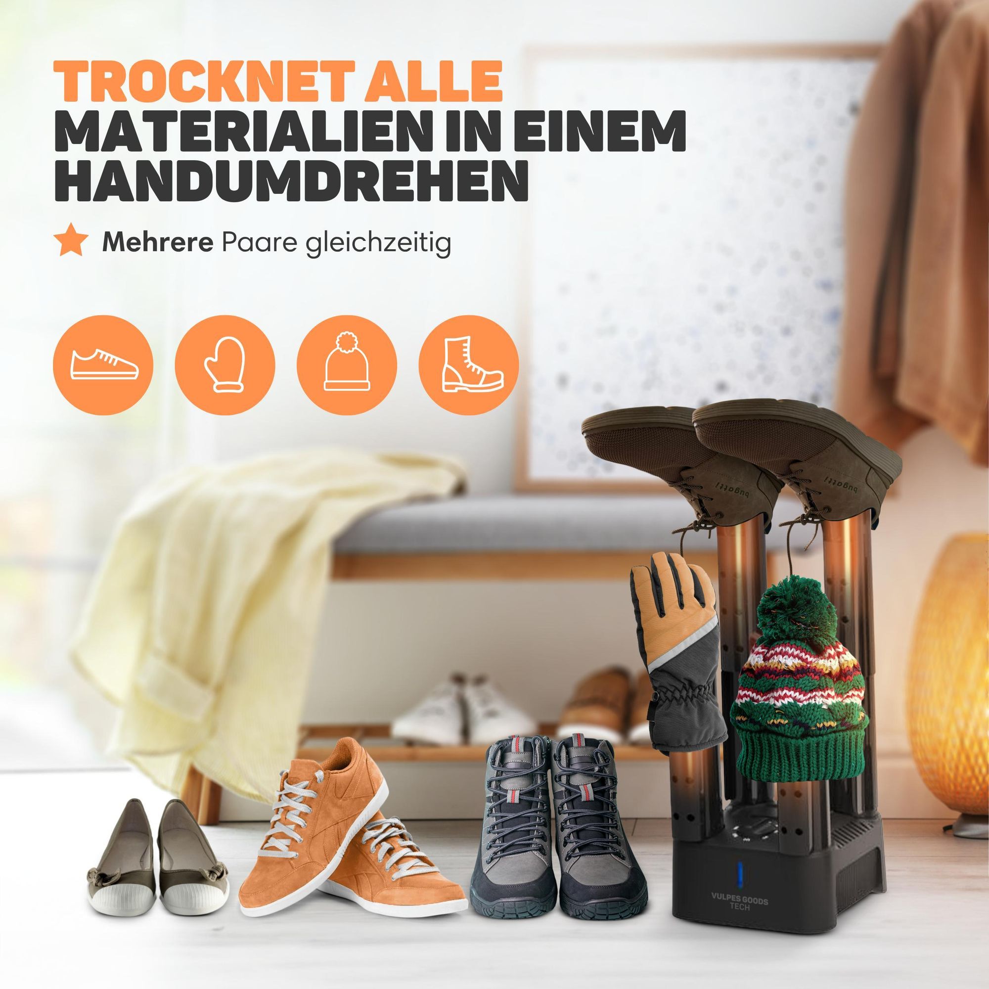Vulpes Goods Schuhtrockner, Schuherfrischer, Timer, Ozon & Trocknungsfunktion, Geruchsentferner, Fußwärmer, Schuherfrischer, Inkl. 10 Schuhauffrischer