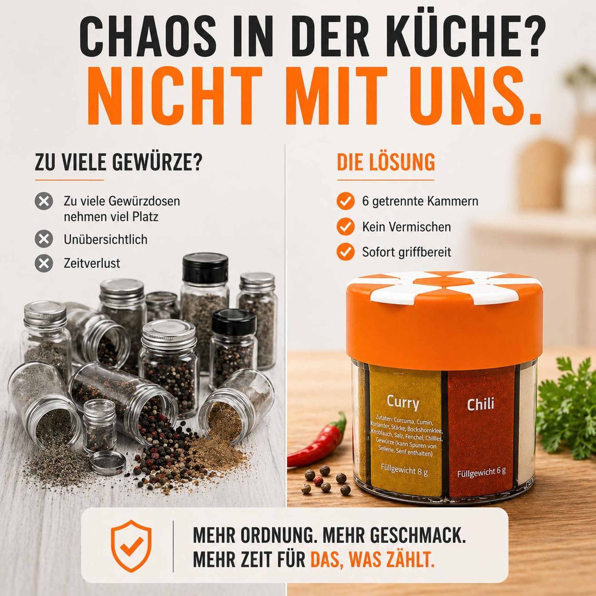 ration1 Gewürzstreuer XXL 6 in 1 – Camping Gewürzdose mit Salz, Pfeffer, Chili, Paprika, Knoblauch & Curry, nachfüllbar