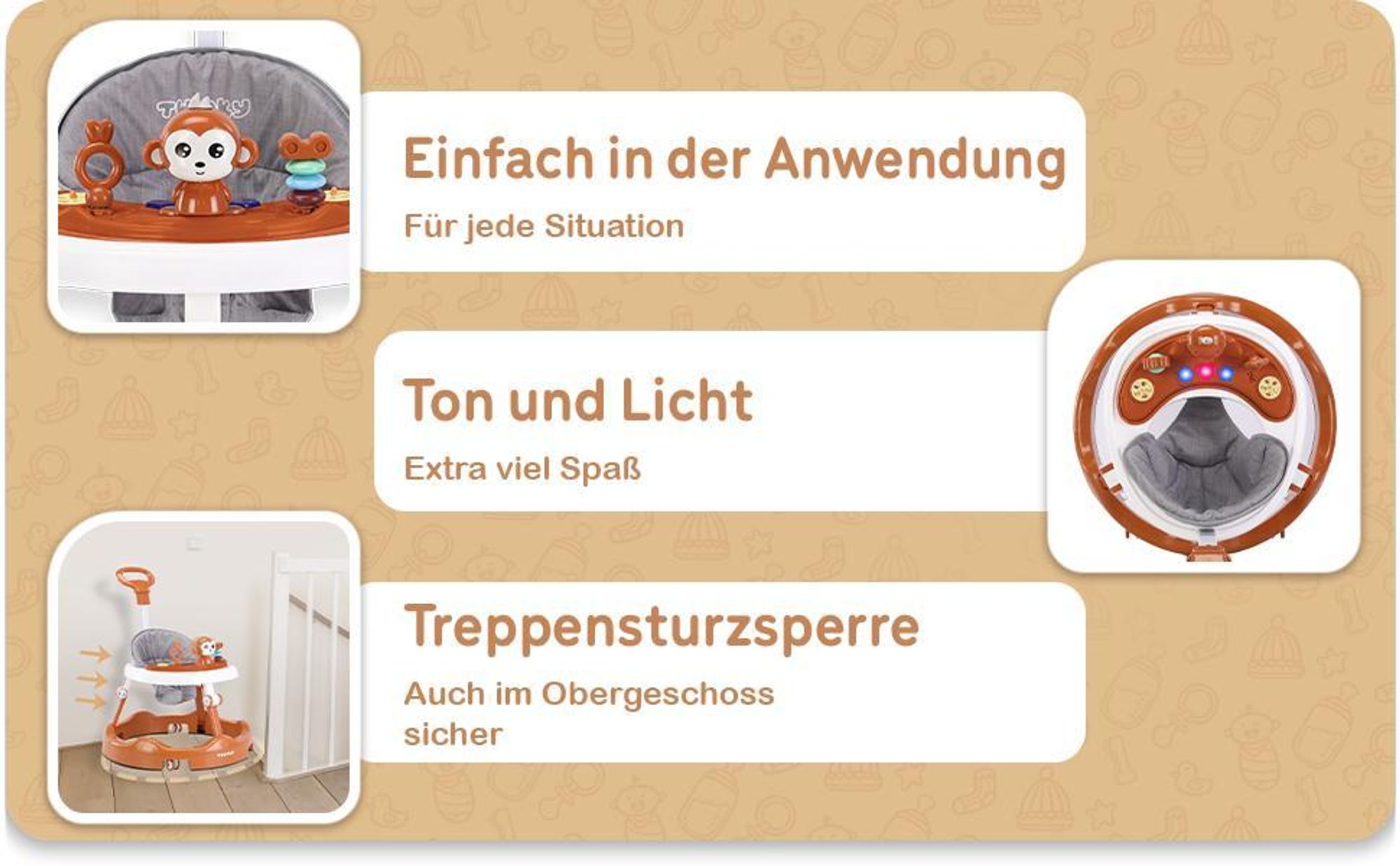 Twinky® Lauflernhilfe in Braun - Lauflernwagen mit Spielset und Zubehör für sicheres und spielerisches Lernen - inkl. Fußmatte und Haltegriff