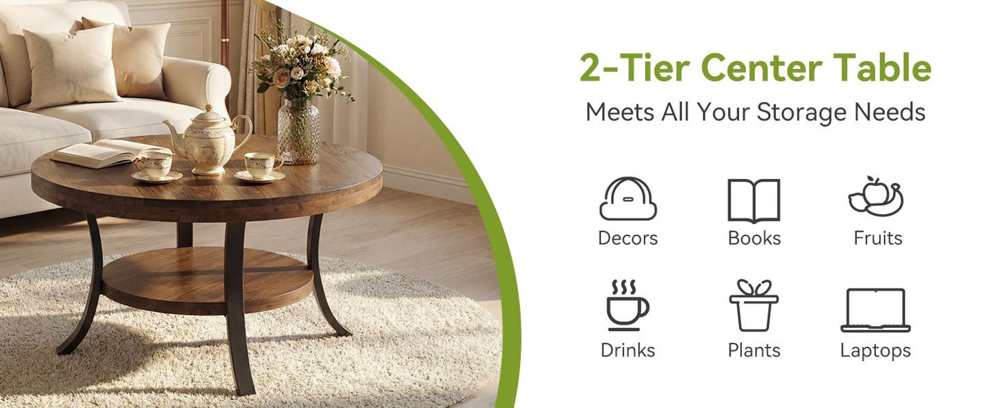 80 cm runder Couchtisch aus Massivholz mit Ablagefach – Couchtisch im Landhausstil für das Wohnzimmer, kleiner runder Couchtisch mit zwei Ebenen