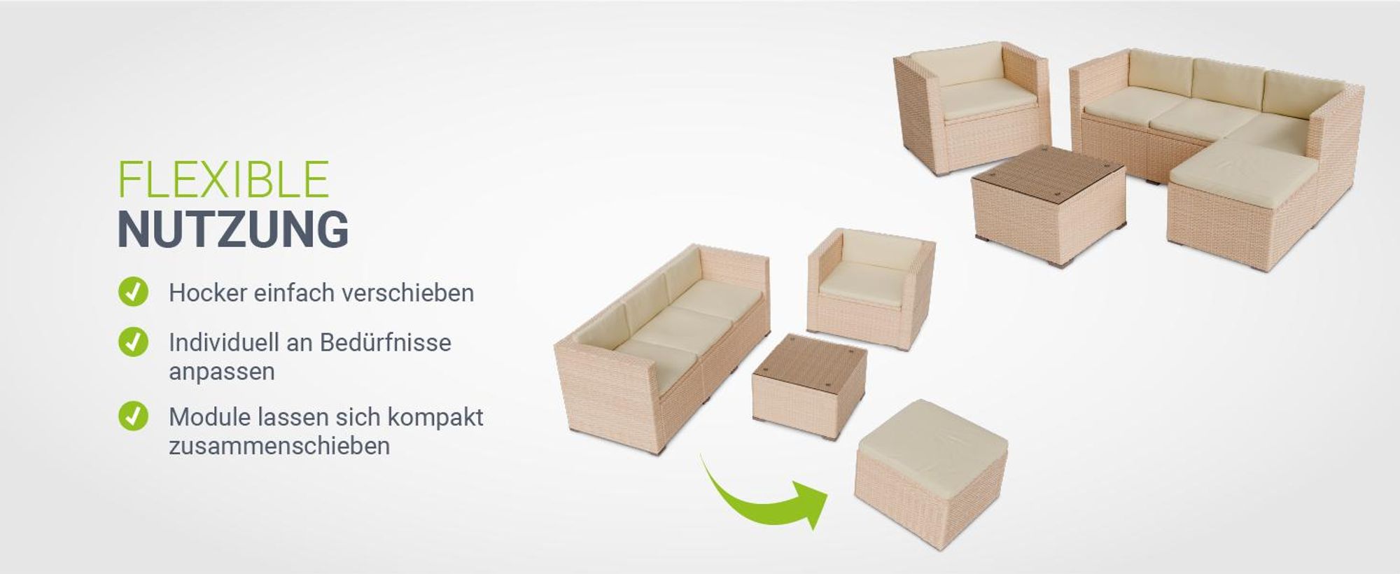 Juskys Polyrattan Lounge Punta Cana L creme – Gartenlounge für 4-5 Personen – Sitzgruppe mit Sessel, Sofa, Tisch & Hocker - Sitzbezüge Sand