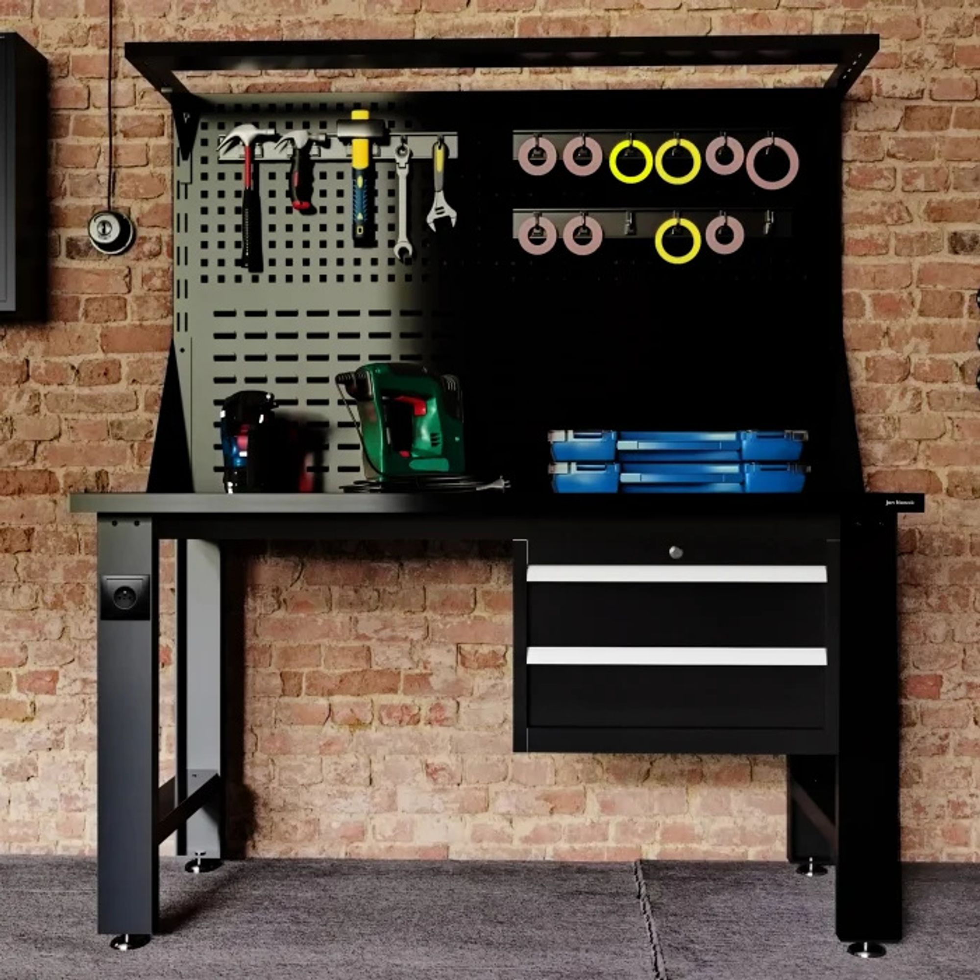 Werkbank mit Lochwand Werktisch Arbeitsplatte mit 2 Schubladen Metall, 150 cm x 170 cm x 75 cm, Farbe: Schwarz