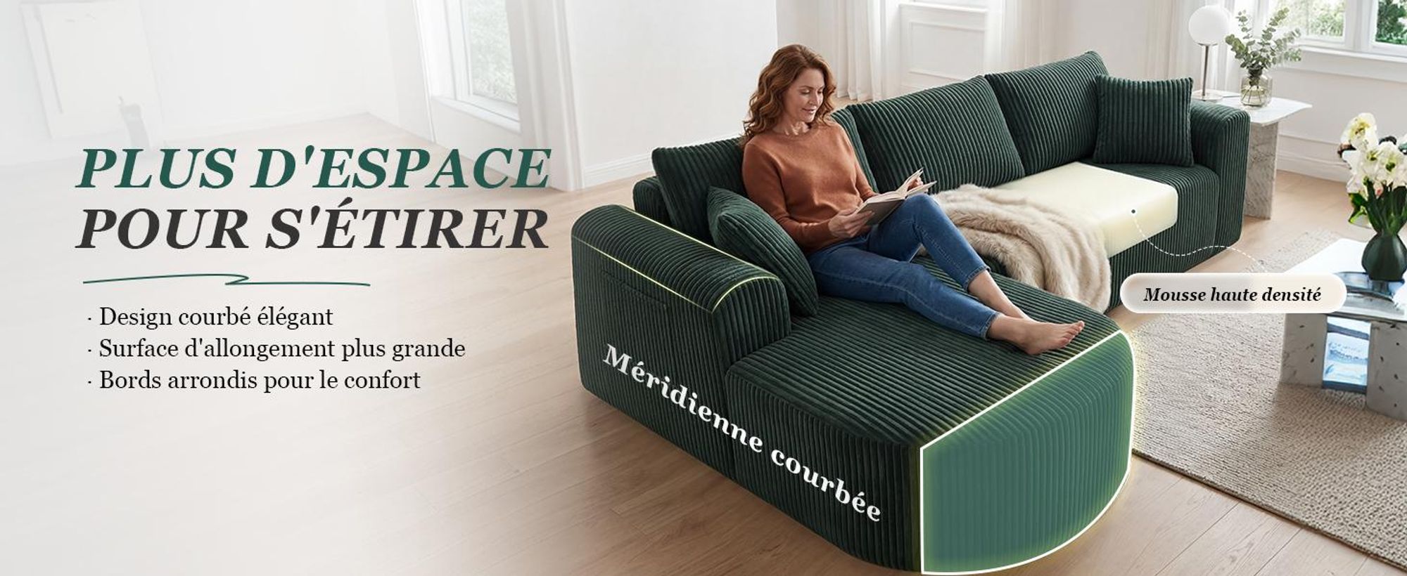 Canapé d'angle avec fonction convertible, canapé modulaire en velours sans structure visible, canapé avec chaise longue, canapé d'angle convertible, canapés modulaires avec coussins et poches latérales, 243 cm