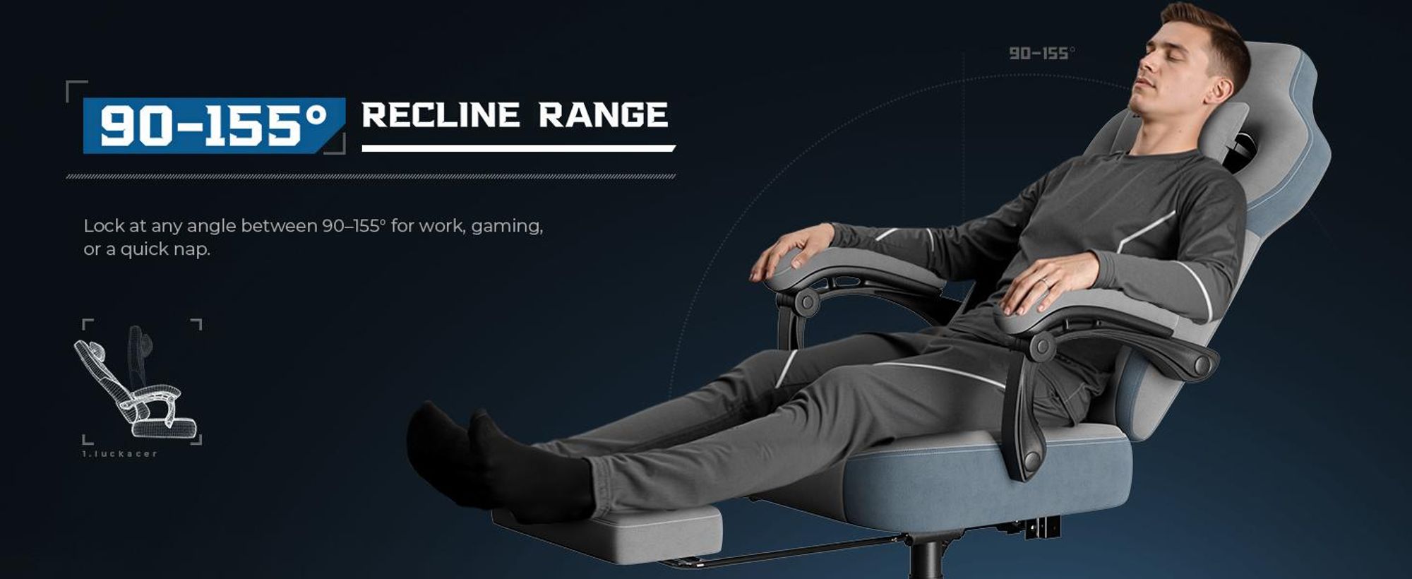 LUCKRACER Gaming Stuhl, Bürostuhl mit verbundenen Armlehnen, Memory-Schaum-Kissen, 90–155° Neigungswinkel und Fußstütze, strapazierfähigem Funktionsg