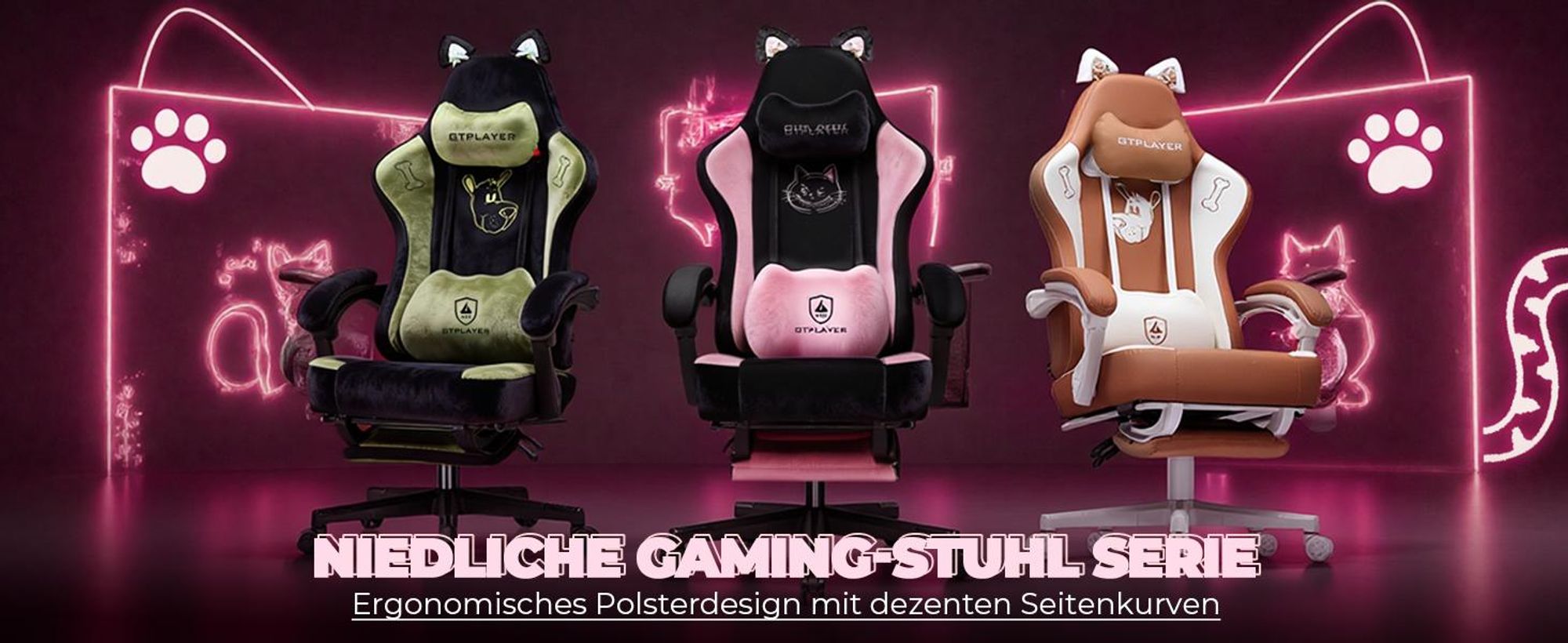 GTPLAYER Niedlicher Gaming Stuhl mit Samtstoff, Gaming Chair, ergonomischer Bürostuhl Gamer Stuhl mit Katzenohren, Memory-Schaum und Fußstütze, 150kg
