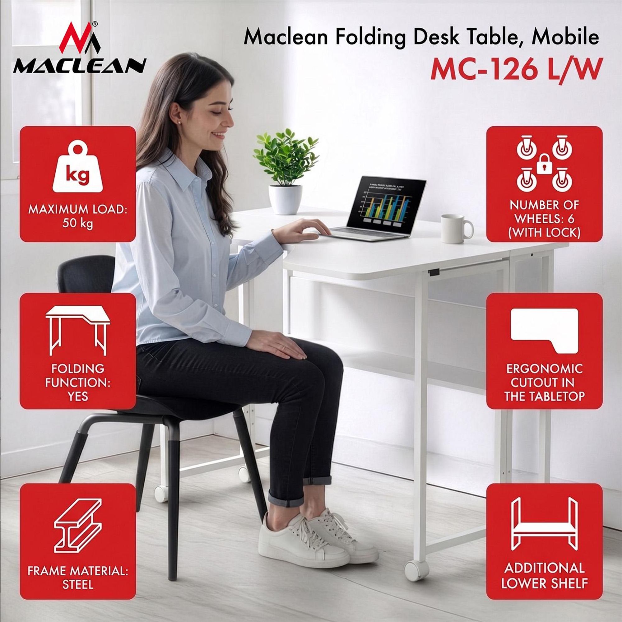 Klappschreibtisch / Beistelltisch Maclean weiß mobil 100 x 73 cm max. 50 kg eckig L-Form MC-126 L/W