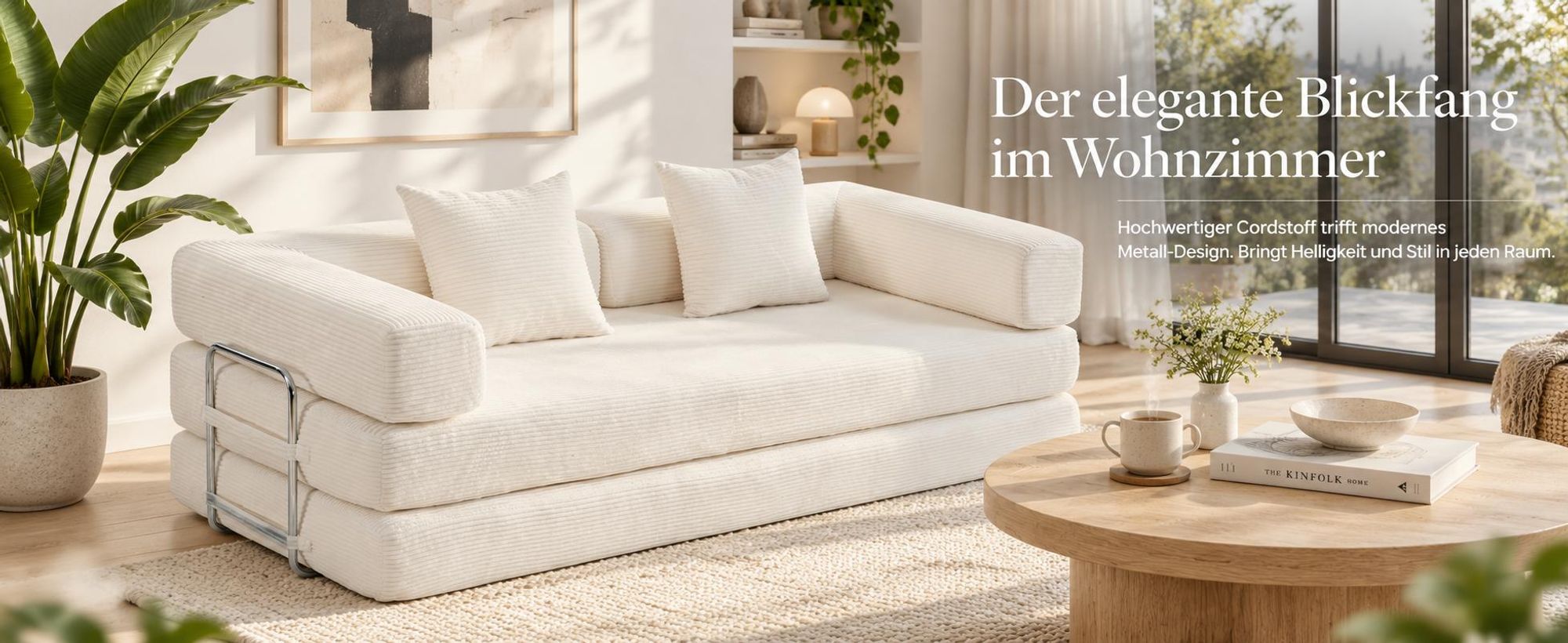 PixelPilot Schlafsofa 2-Sitzer aus Cord, ausklappbar, modular & montagefrei, weich und robust für Wohnzimmer