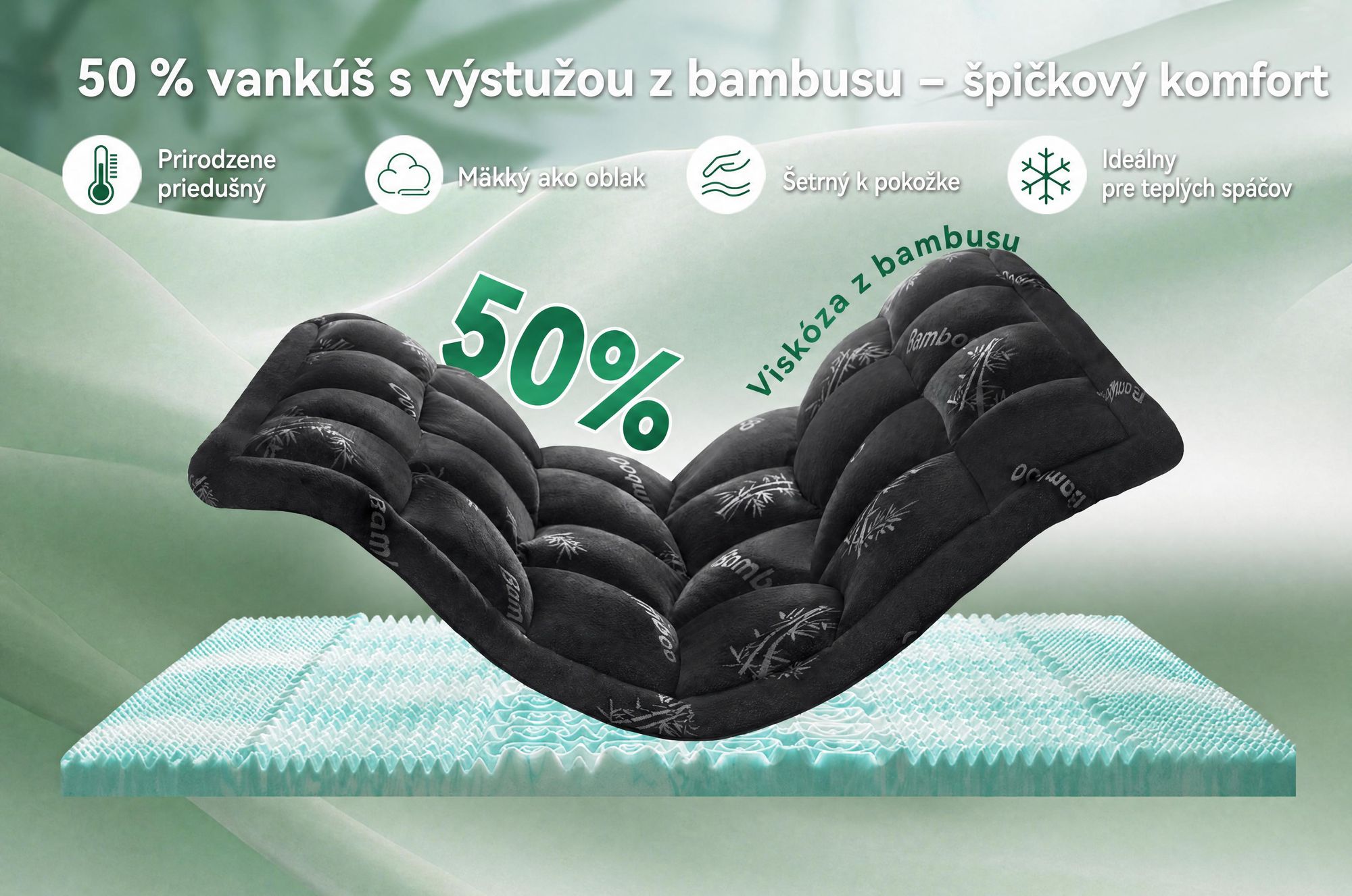 NicePlus, vrchná matrace 2 v 1, 140x200x7 cm, 5-zónová pamäťová pena + vrchná vrstva z bambusu, s rohovými gumičkami pre všetky typy matrací, tvrdosť H2/H3, čierna