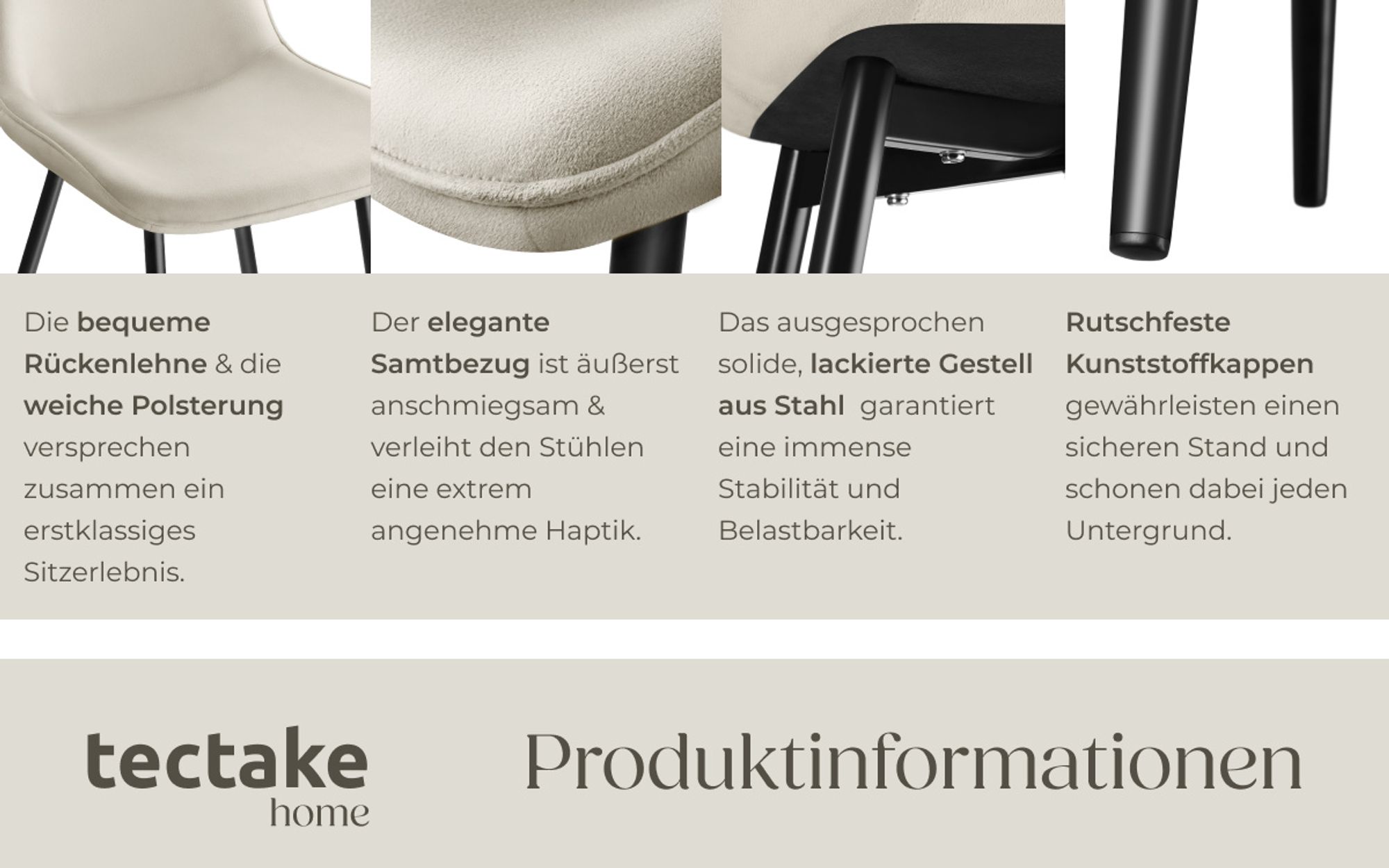 tectake® Set Stuhl Monroe gepolstert, in Samtoptik 48 x 59 x 82,5 cm
