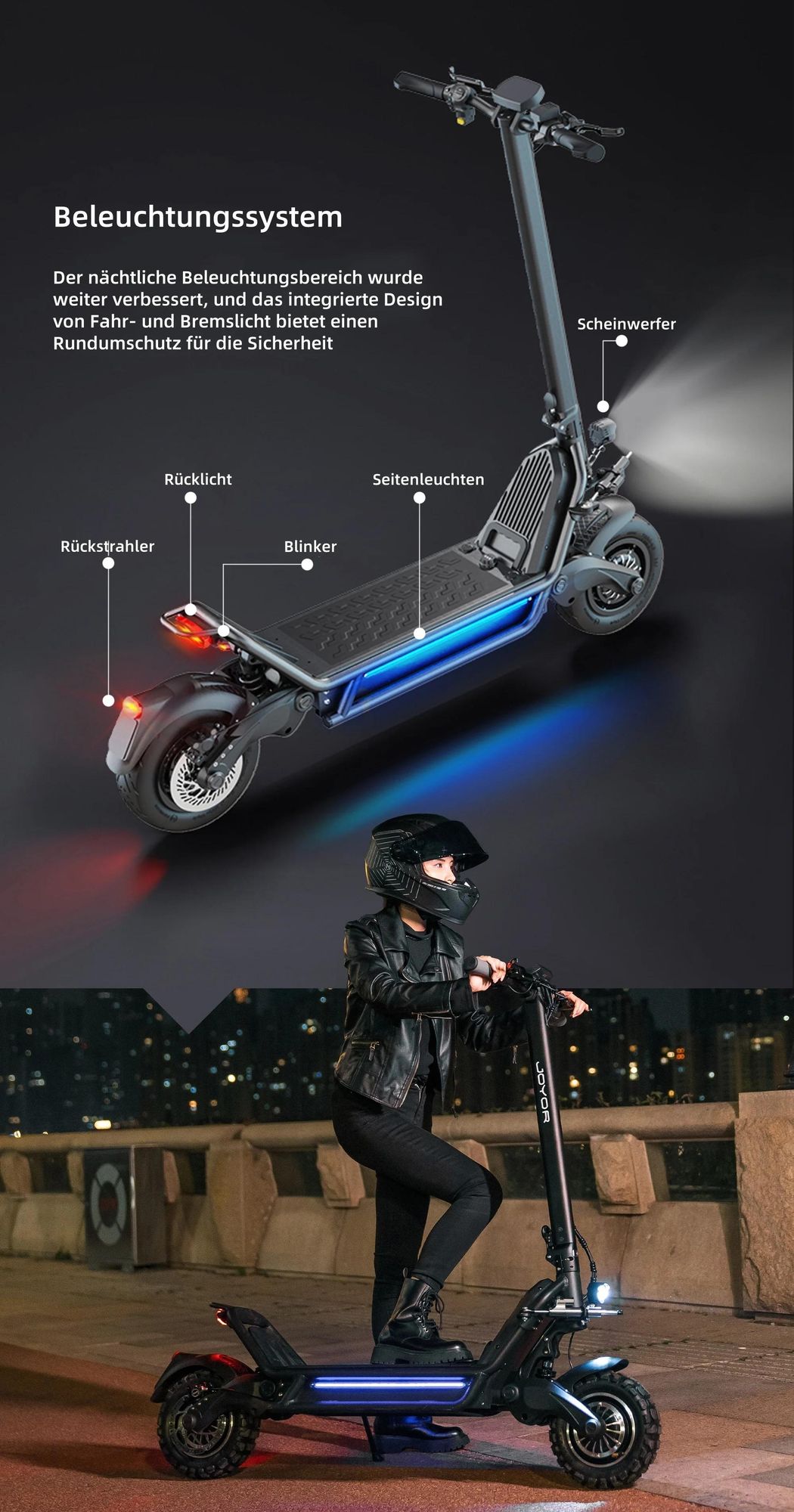 Elektroroller JOYOR E6-S - 1600W*2 Motors 60V31.5AH Batterie 85KM Reichweite Scheibenbremsen - Schwarz
