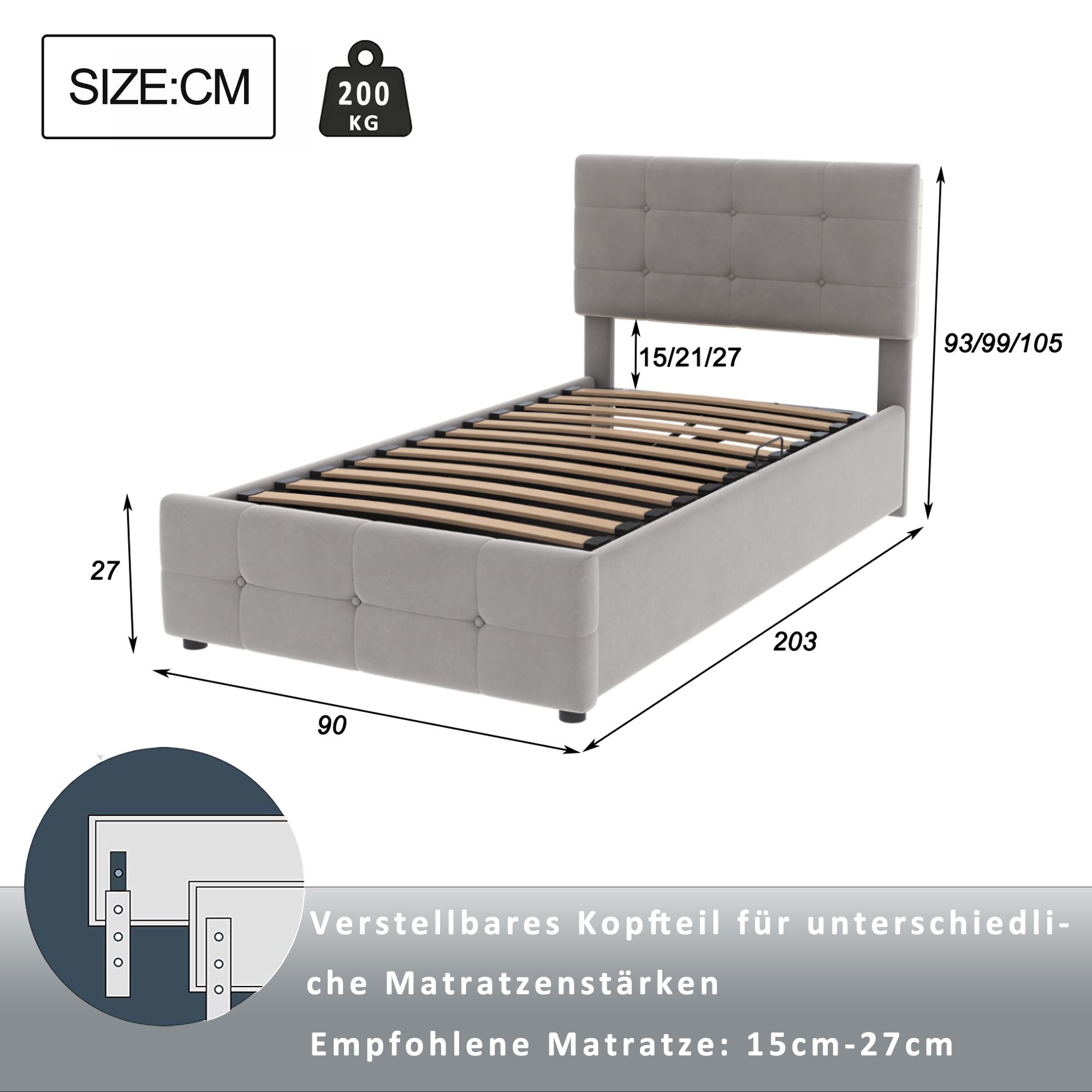 Flieks Hydraulisches Polsterbett 90x200cm mit Stauraum, Boxspringbetten Stauraumbett mit Lattenrost, Jugendbett Einzelbett Kinderbett, Samt, Grau