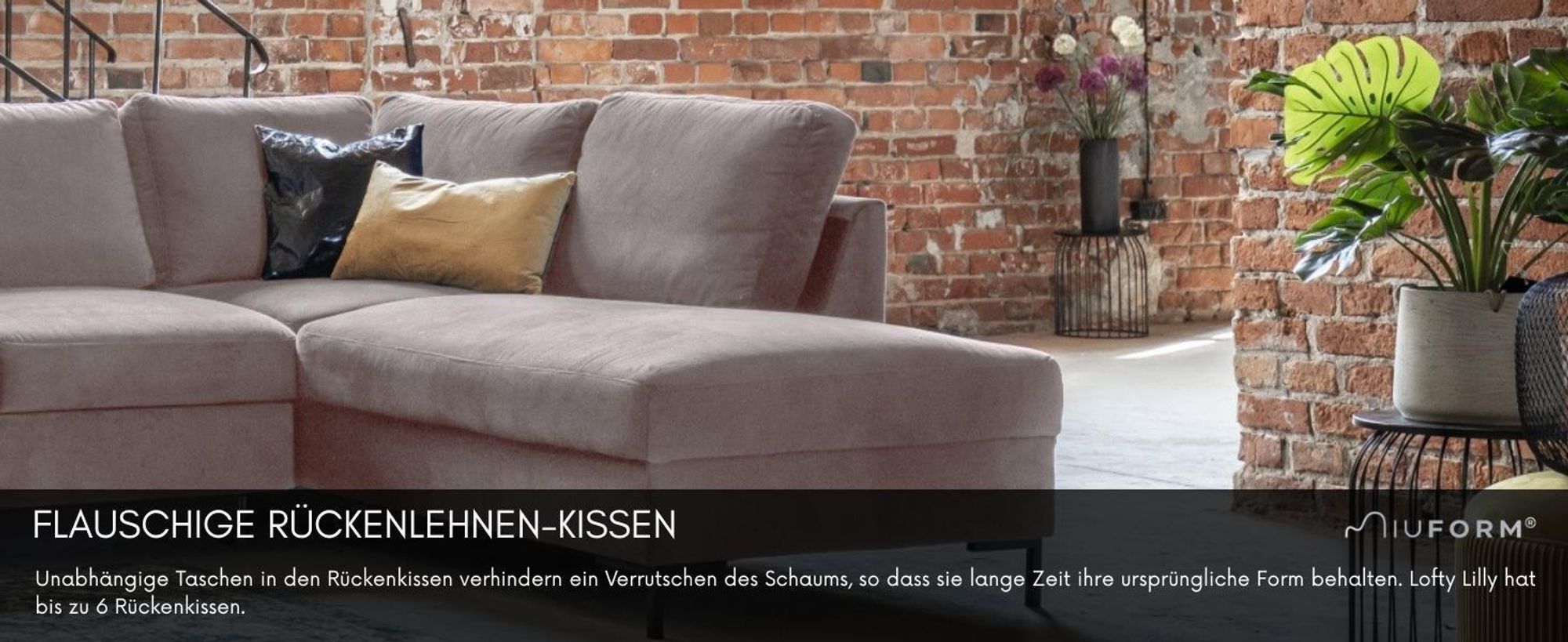 MIUFORM Lofty Lilly - Ecksofa mit Bettfunktion und Bettkasten U-FORM LINKS - 303 x 197 cm - Velours Dunkelbeige - Sofa Schlafsofa Couch