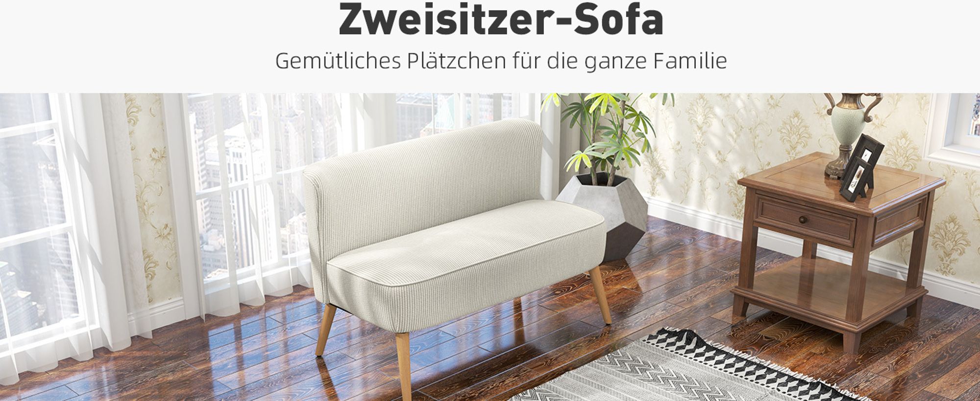 HOMCOM Sofa 2 Sitzer modern Couch ohne Armlehne Polstersofa mit Cord-Optik Creme