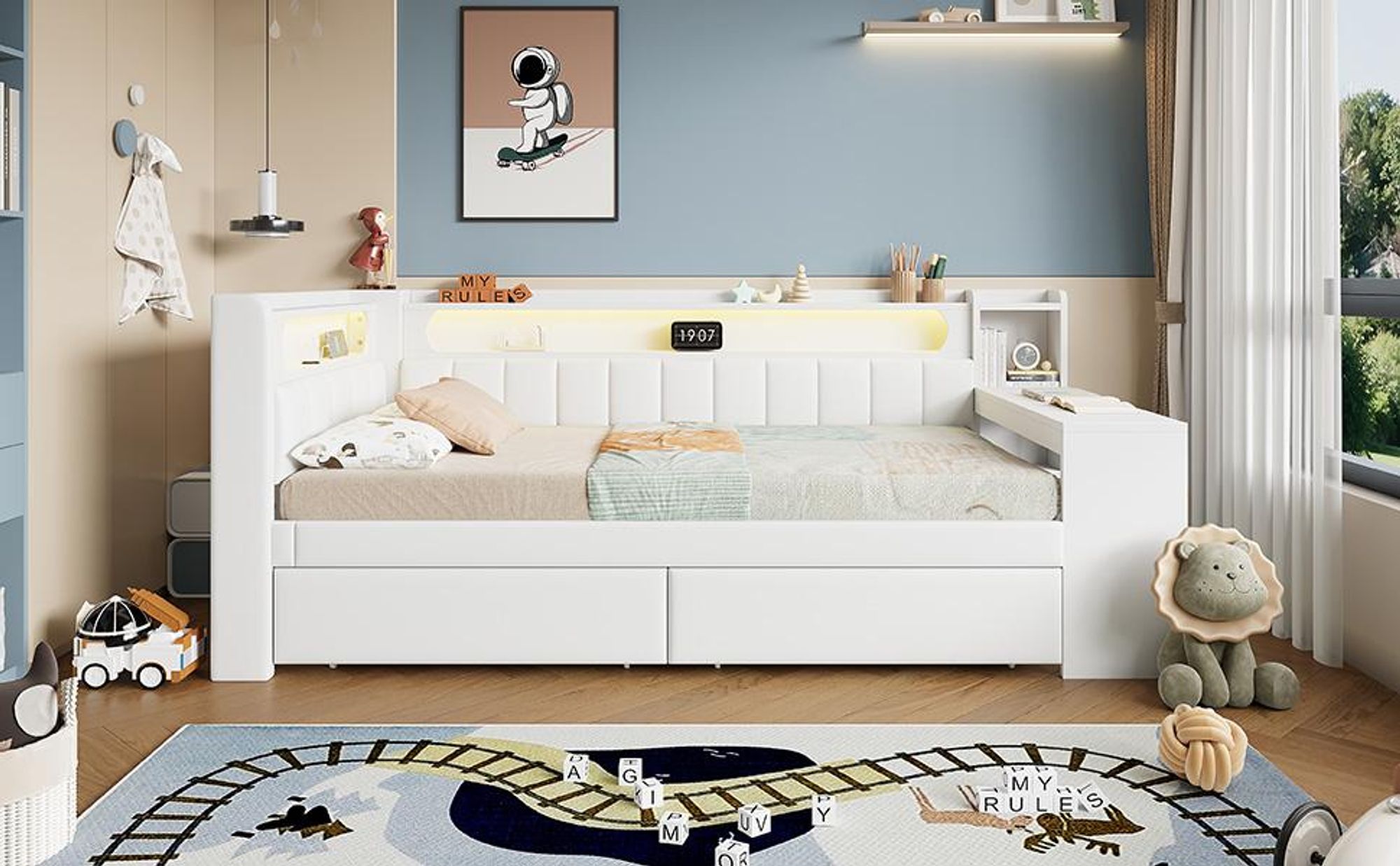 Merax Tagesbett 90x200 mit 2 Schublade, USB-Anschluss, LED, Schreibtisch, Stauraum, Schlafsofa Kinderbett mit Leinenkissen, Weiß