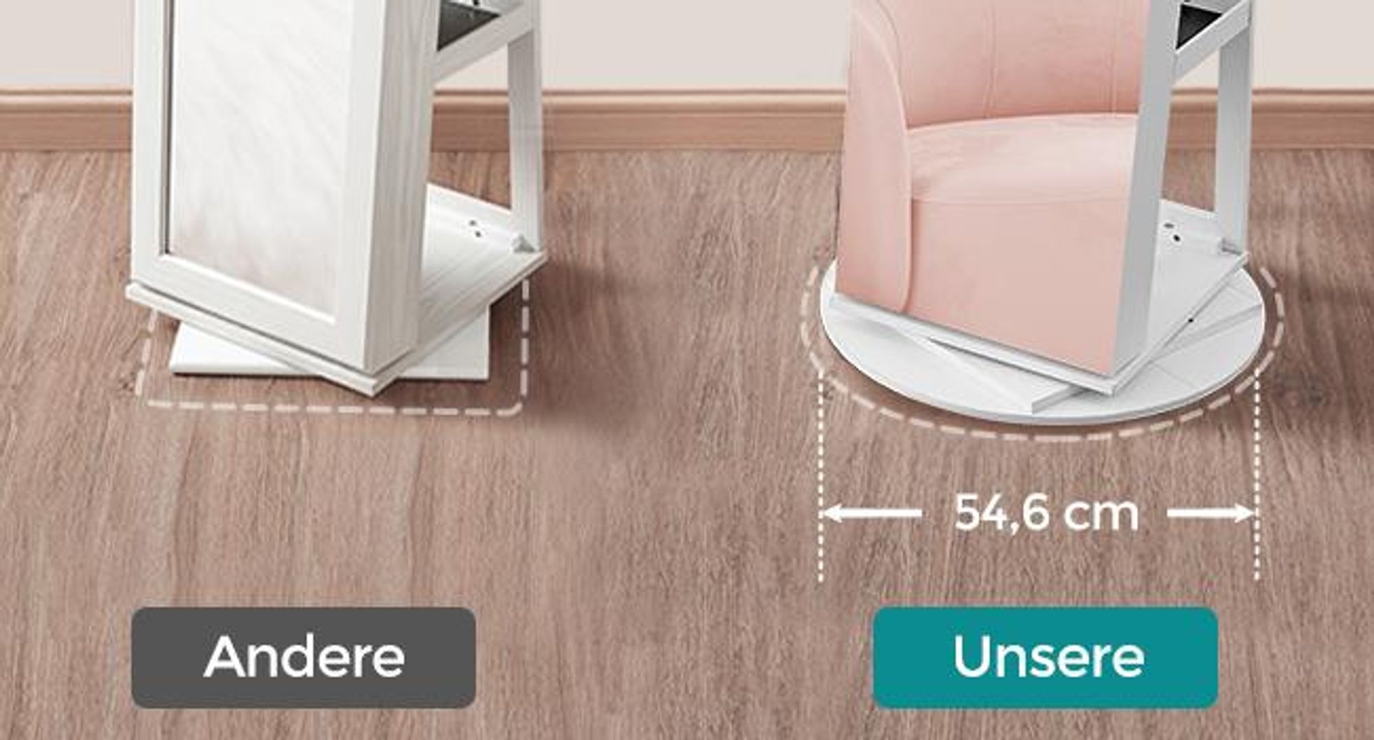 SONGMICS Schmuckschrank mit LED und Spiegel, 3 Ablagen, 360° drehbar, weiß