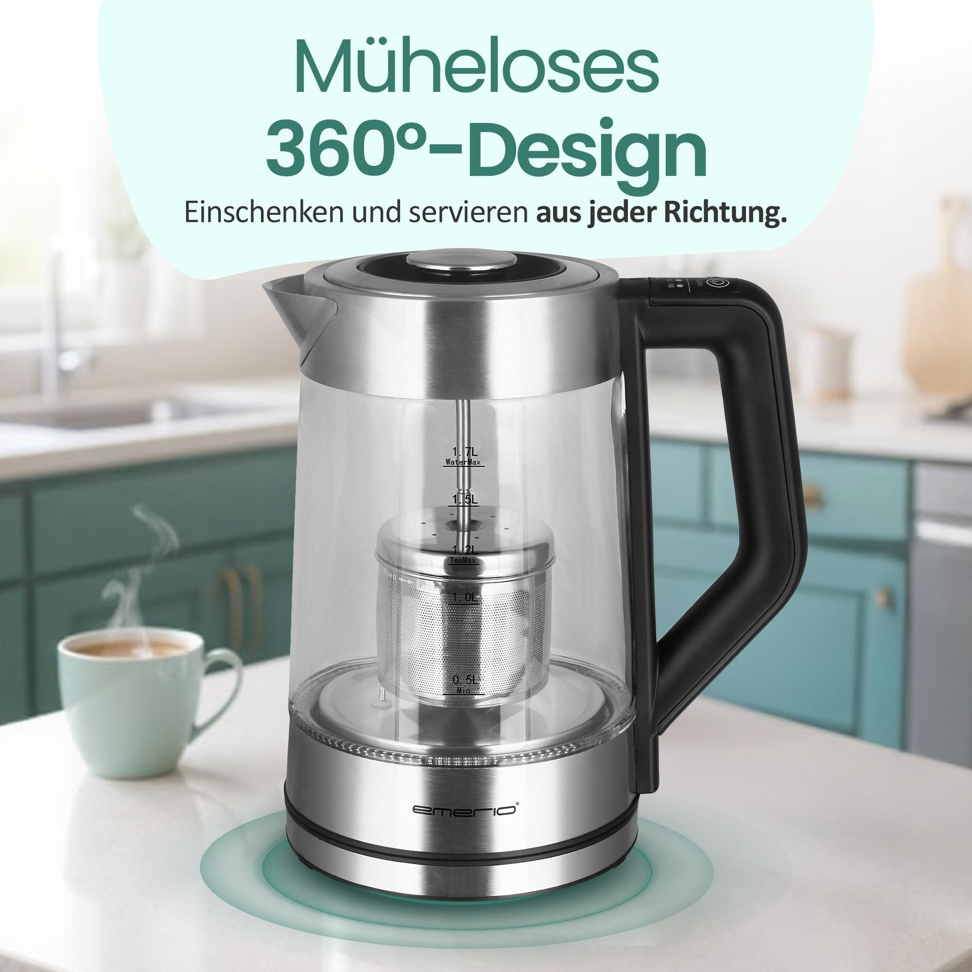 Emerio Wasserkocher mit Temperaturregelung 1,7 Liter – LED-Beleuchtung – Überhitzungsschutz – Wasserstandsanzeige – 2200W - WK-122730 - Edelstahl/Glas