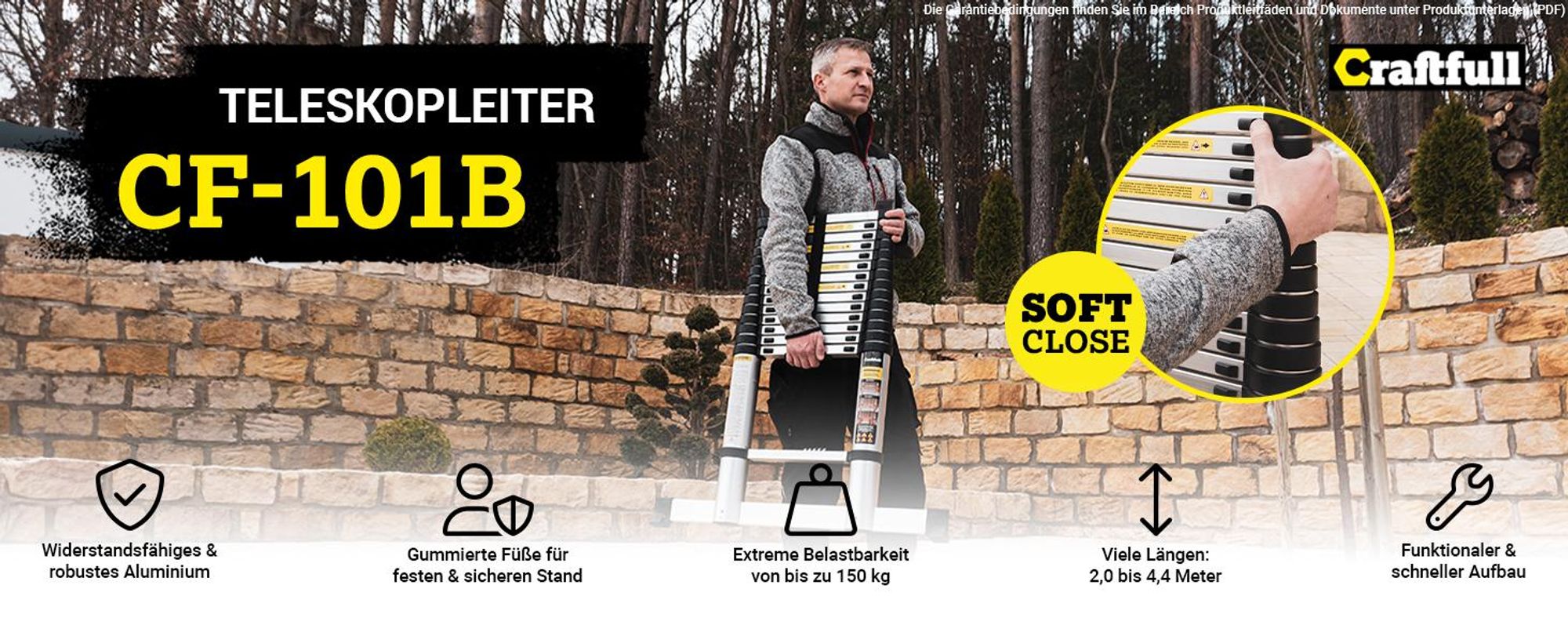 Craftfull Teleskopleiter | Soft-Close-Funktion - Aluleiter - Ausziehleiter - Stehleiter - Mehrzweckleiter - Leiter - Anlegeleiter (4.4 Meter)