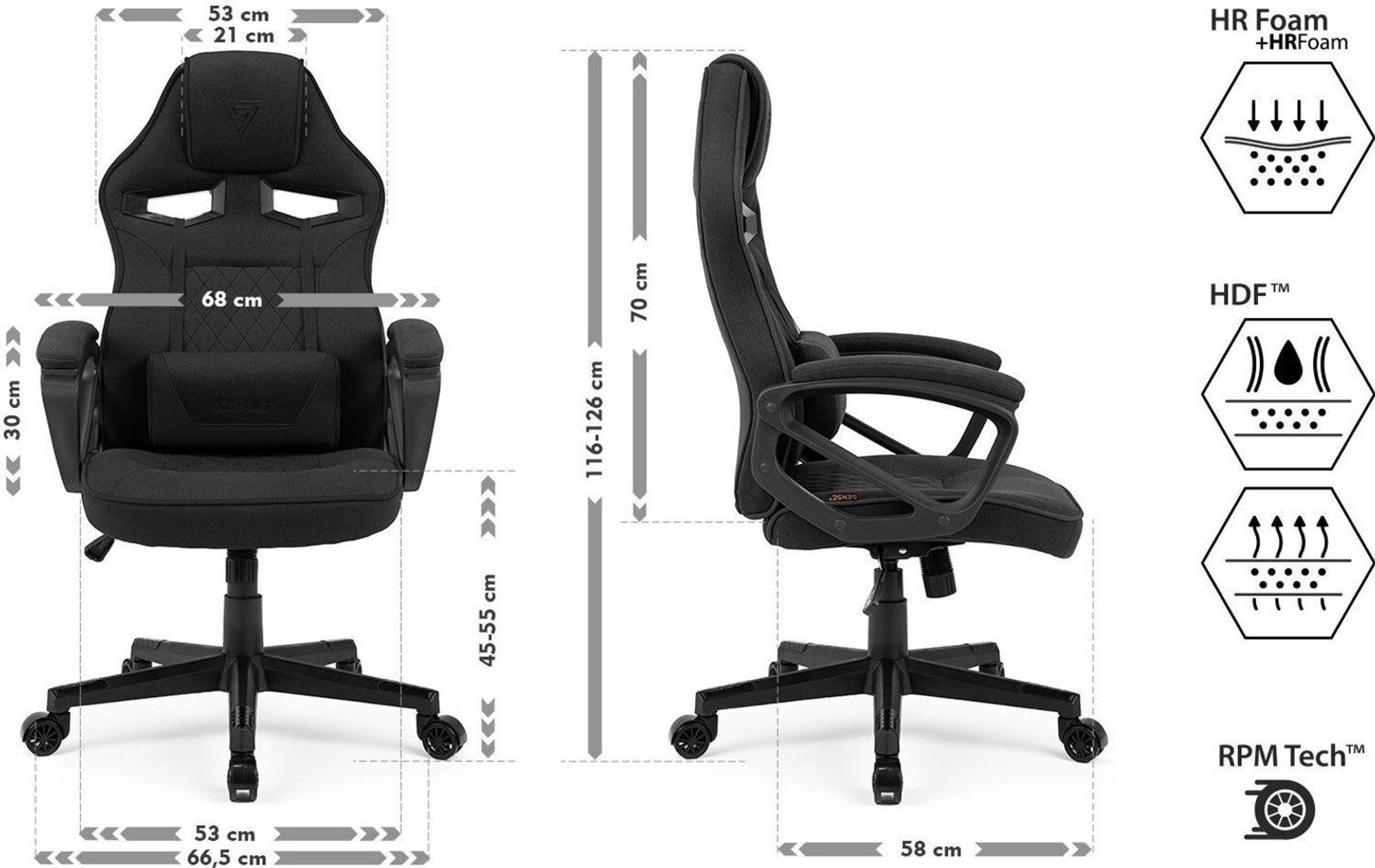 SENSE7 Knight Gaming Krzesło z tkaniny Czarne - Ergonomiczne krzesło biurowe Krzesło biurkowe Krzesło dla graczy Krzesło obrotowe Krzesło dla graczy PC 120 kg Krzesło