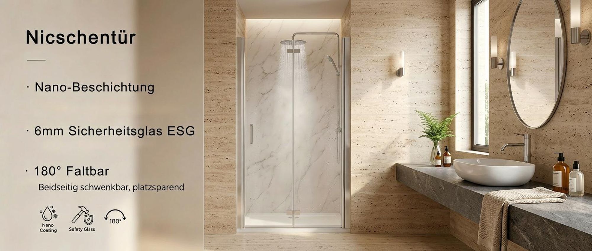 MIQU Duschabtrennung 120x185 cm Nischentür Duschwand Dusche 180° Falttür 6mm Nano ESG Glas