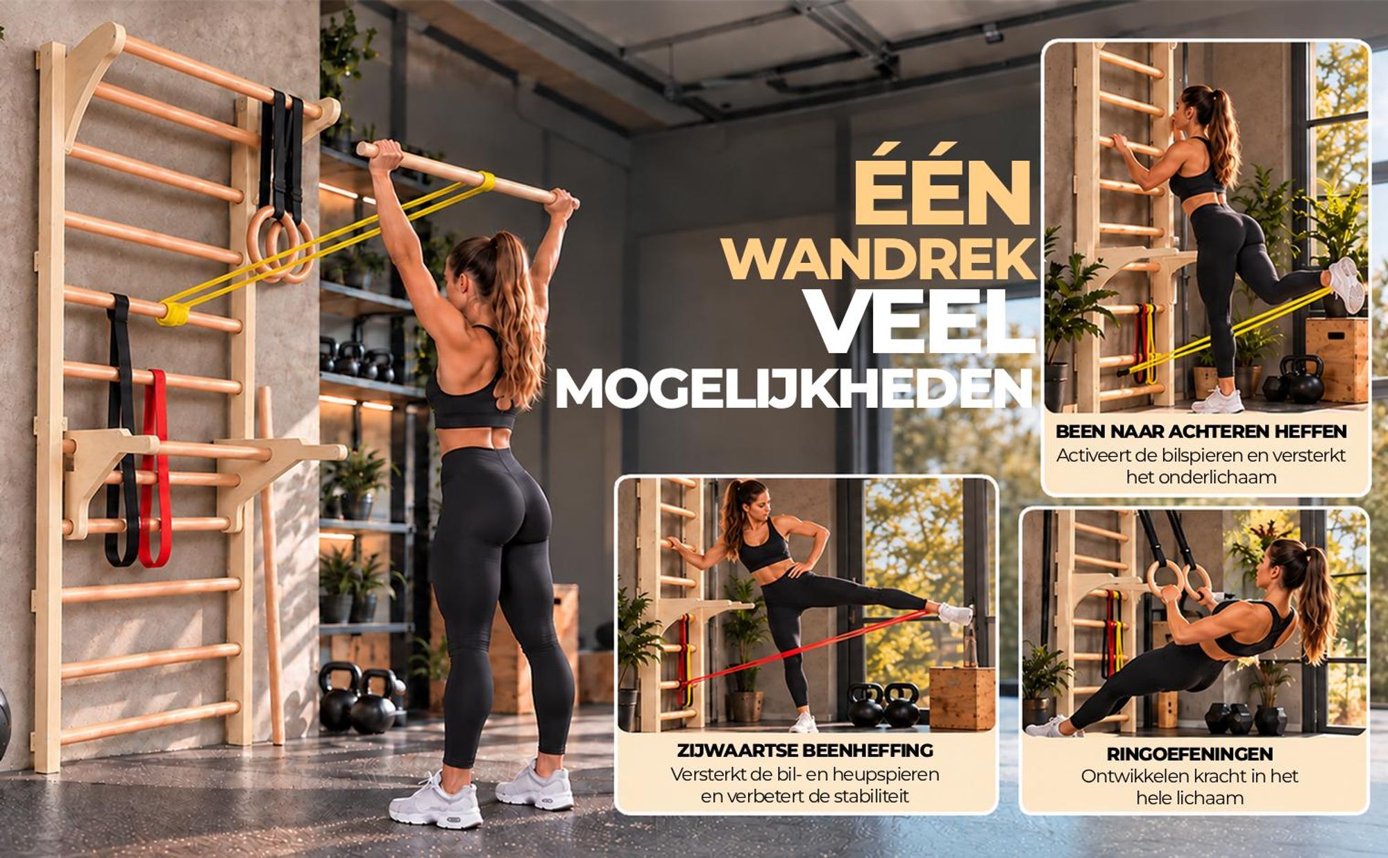 MAMOI Zweedse ladder met optrekhandgreep, weerstandsbanden en stok