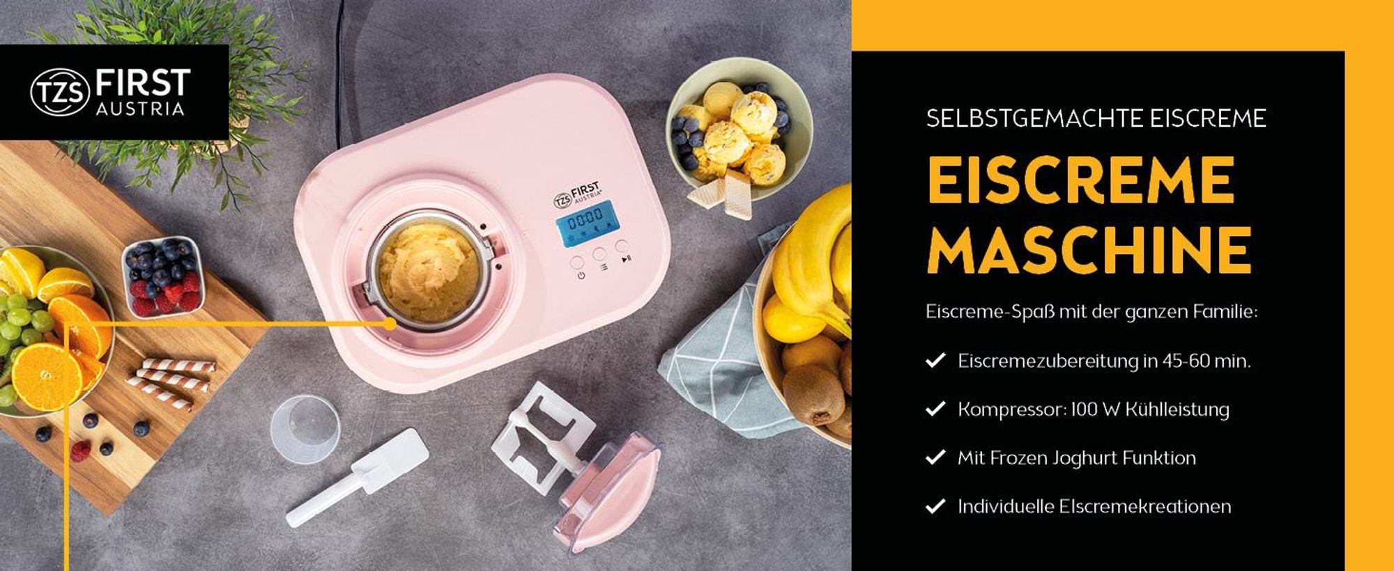 TZS First Austria - Eismaschine 1L 100W - mit Kompressor & Kühlhaltenfunktion - Rosa