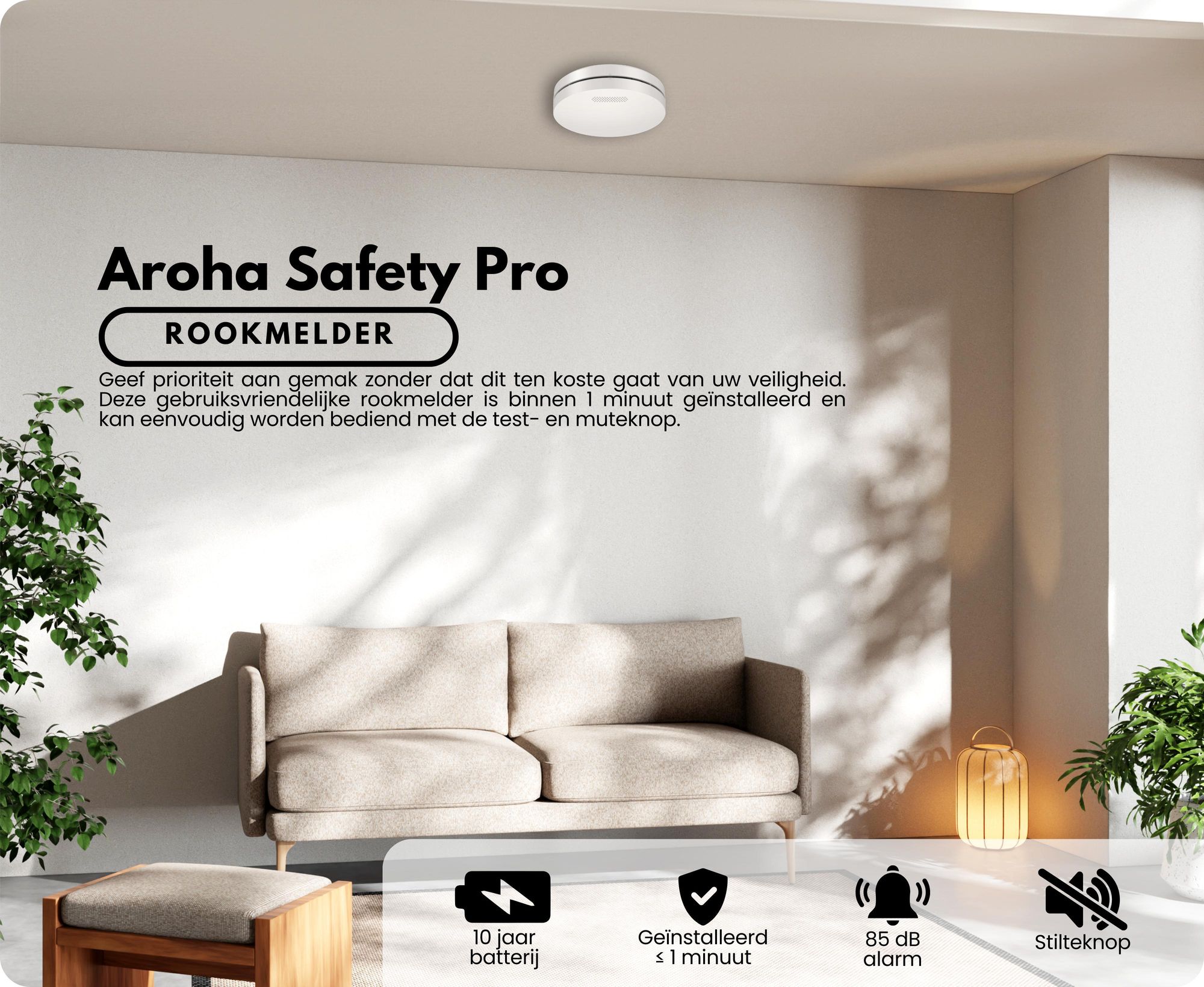 Aroha Safety Pro rookmelder - 10 jaar batterijduur - Brandmelder, rookwaarschuwingssysteem - 3 stuks