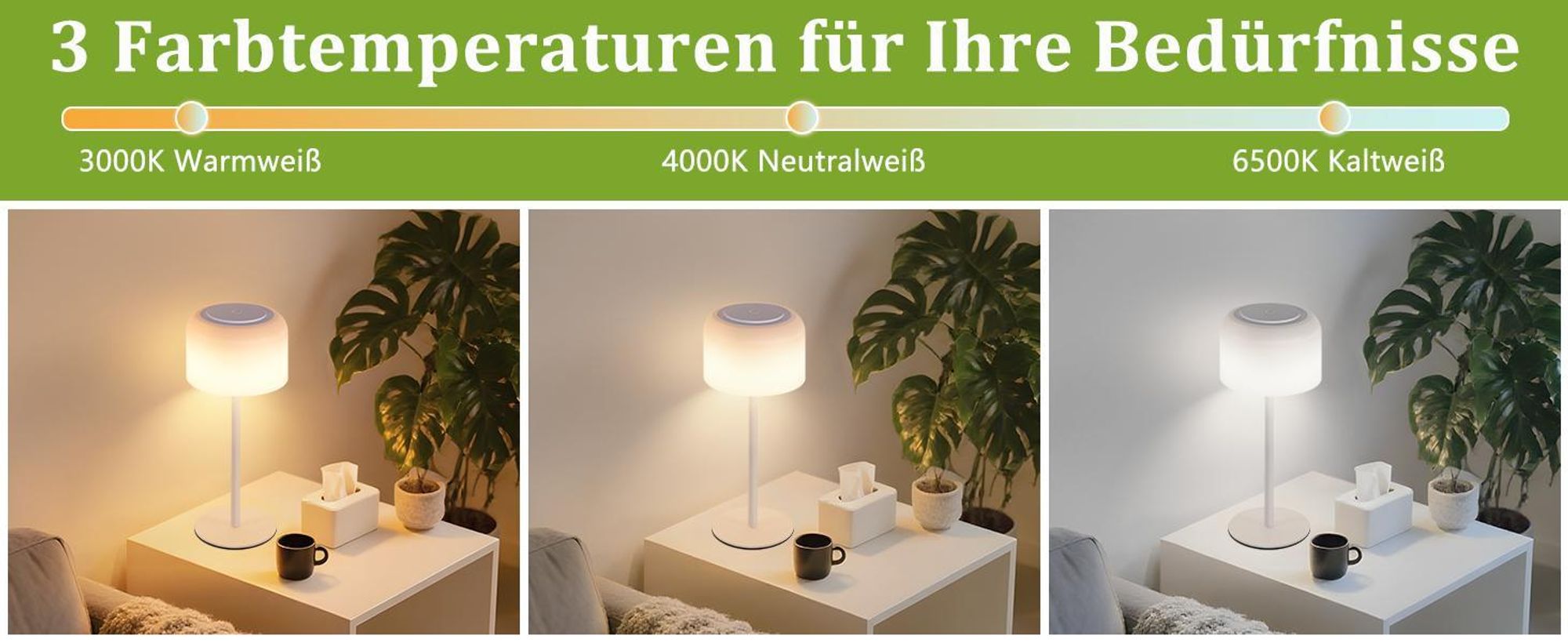 ZMH Tischlampe Kabellos LED Tischleuchte Dimmbar Akku Tischlampe mit 3 Farbtemperaturen Höhenverstellbar USB-C Aufladbar Wasserdichte Tischleuchte für Indoor Outdoor Esszimmer Schlafzimmer