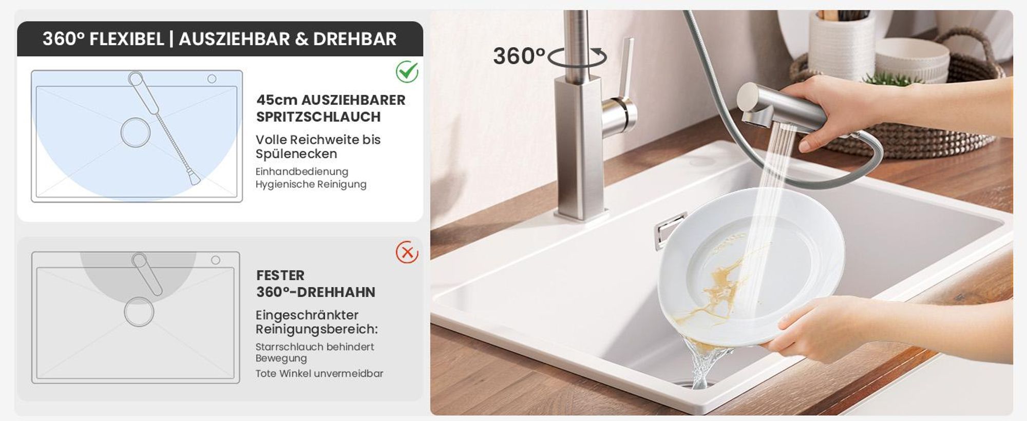 Wasserhahn Küche Ausziehbar L-Form, 2 Strahlarten 360° Drehbar Spültischarmatur Gebürstet, Einhandmischer 304 Edelstahl Küchenarmatur Cecipa, DVGW