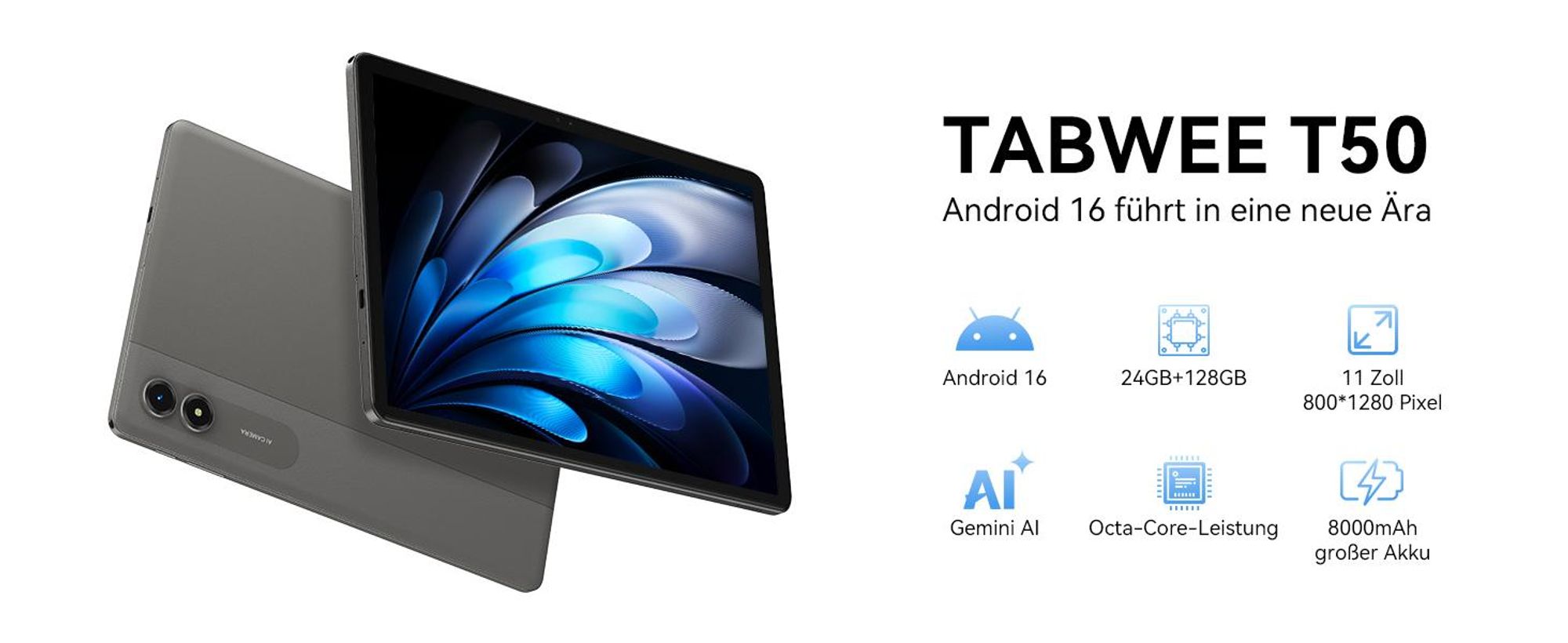 TABWEE Tab 50 Tablet Android 16 und Gemini-KI, 11", 5G wifi, HD+ Display, 24GB(6+18)RAM, 128GB + 2TB erweiterbar, 8000mAh Reverse Charging