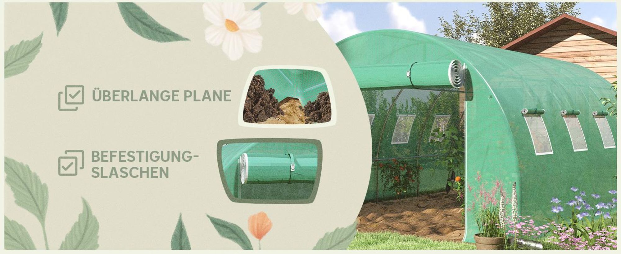 Outsunny Gewächshausfolie 3 x 4 m, wasserdicht Polyethylenfolie mit Rolltür