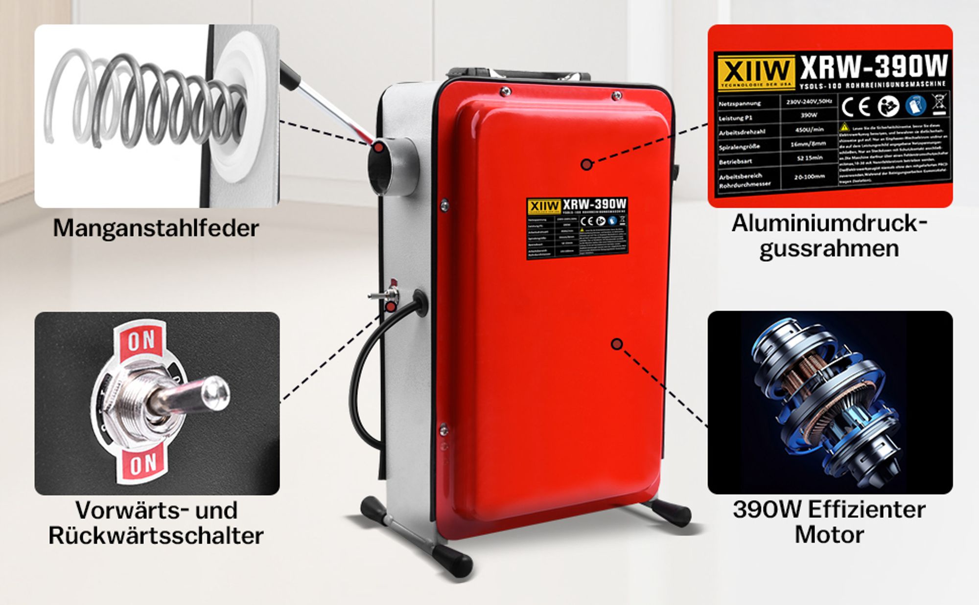 16mm 33M Spiralen Elektrische Rohrreinigungsmaschine 390W 450U/min für Ø20-100mm Spirale Ø8mm 10M, Rohrreinigungsgerät Rohrreiniger Abflussreiniger
