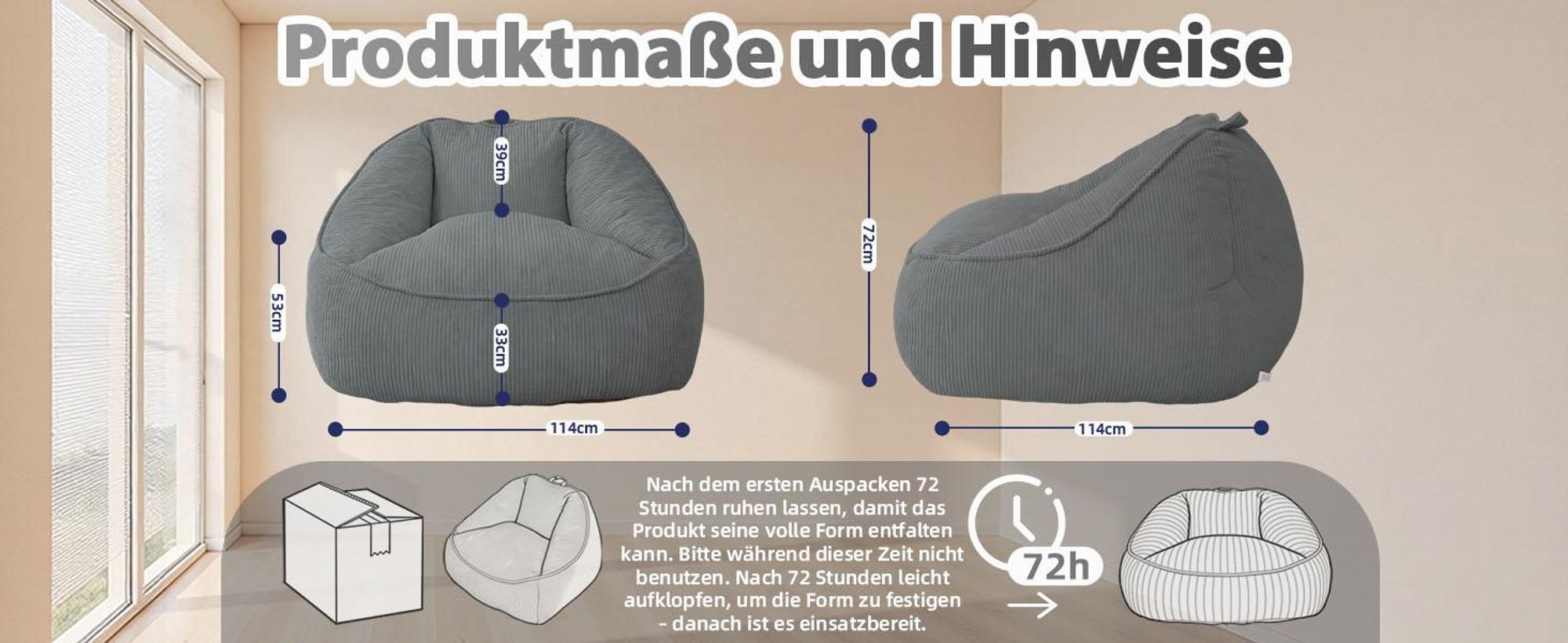 Übergroßer Sitzsack für Erwachsene, Füllung aus Schaumstoffflocken, flauschiges Bodensofa, birnenförmig, Grau
