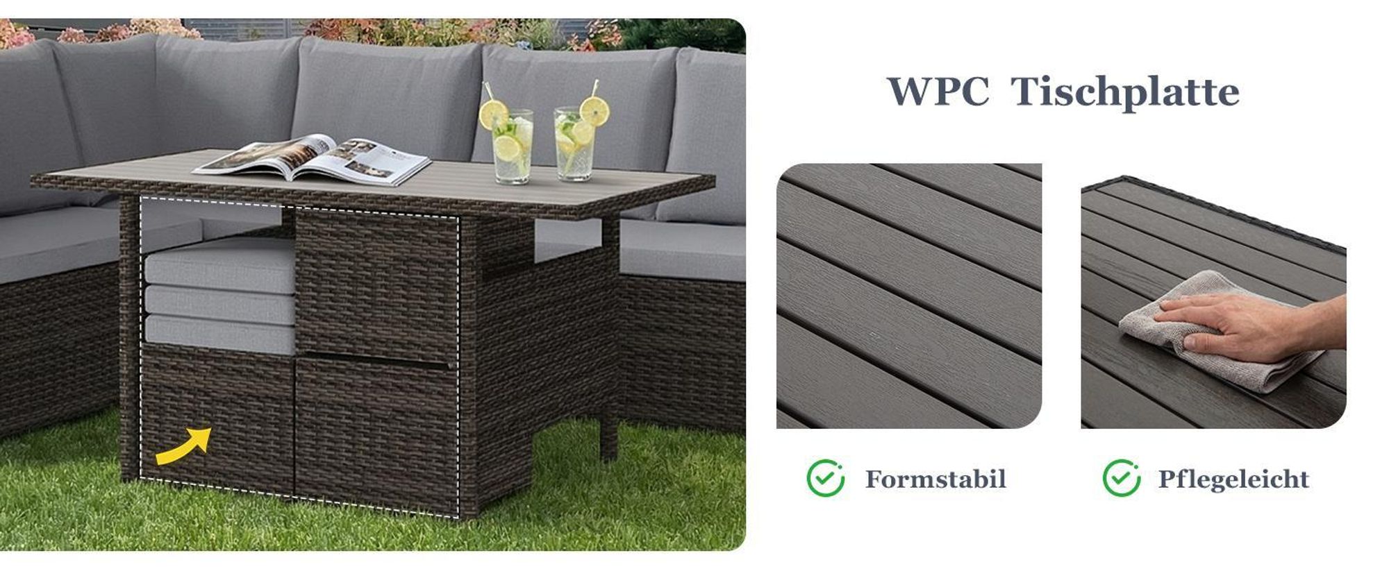 MeXo Gartenlounge Set 8 Personen Lounge Gartenmöbelset Polyrattan Essgruppe wetterfest Ecklounge mit großem Esstisch 132×76×67 cm, L-Form mit 3 Hocker