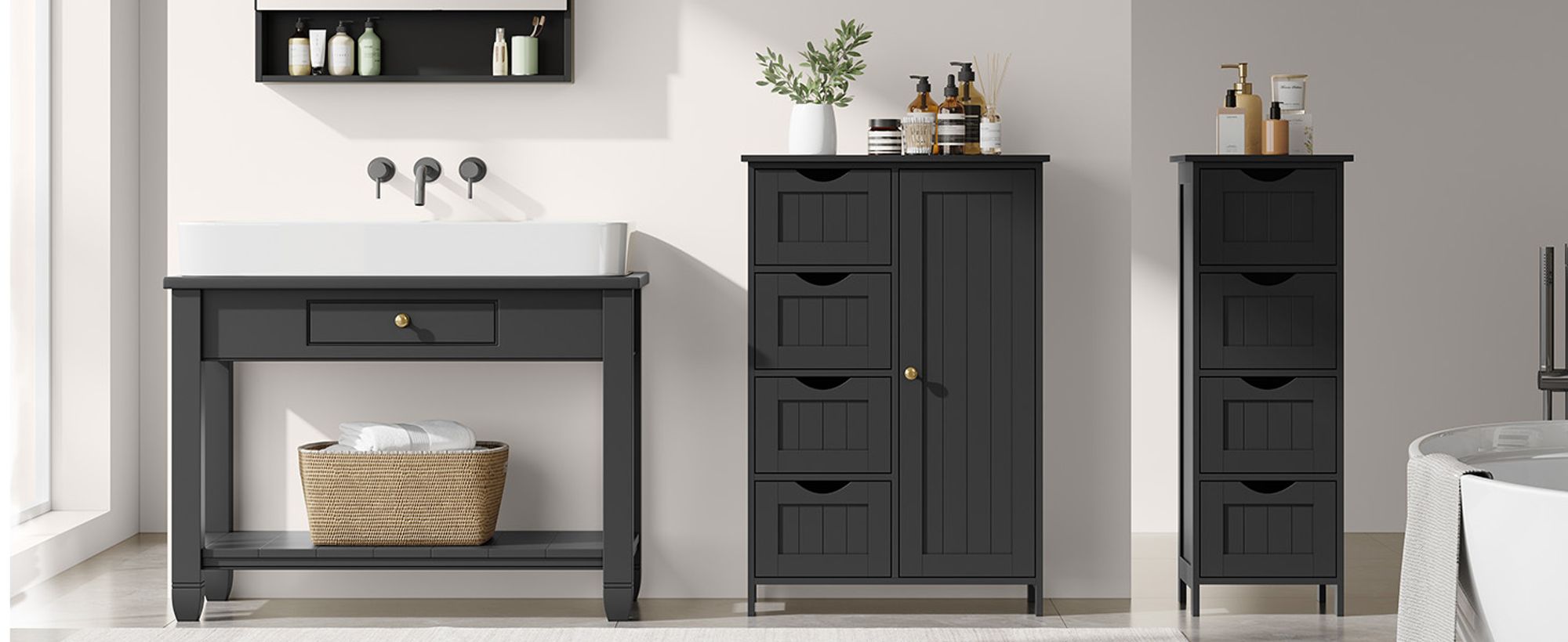 VASAGLE Badezimmerschrank, schmaler Badschrank, Beistellschrank, Kommode, mit 4 Schubladen, Schranktür, verstellbare Ablage