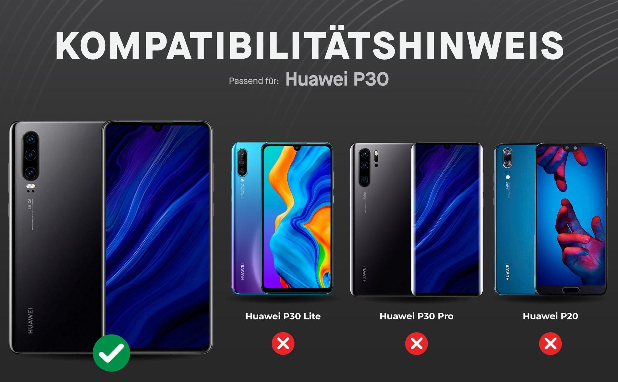 Kompatibilitätshinweise Displayglas für Huawei P30