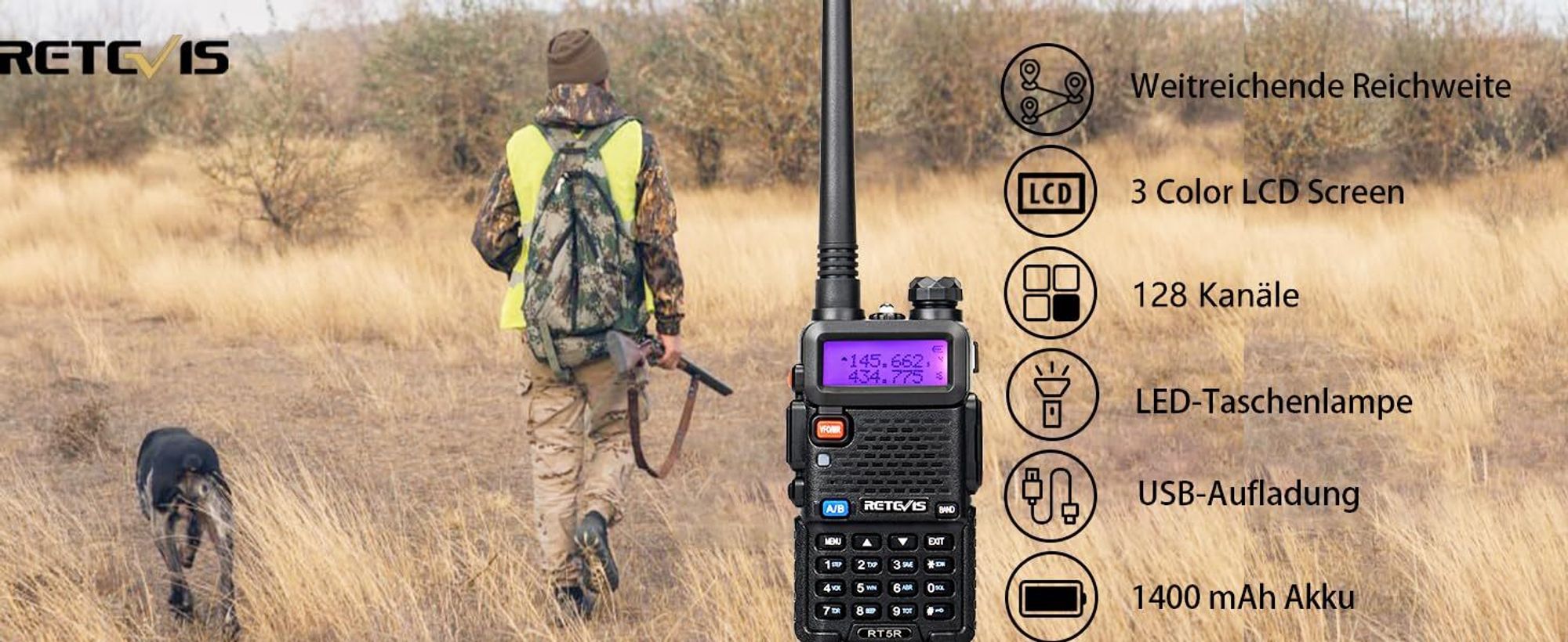 Retevis RT5R Walkie Talkie Dualband, Amateurfunk, USB-Laderadio, Tragbares FM-Radio, 128 Kanäle, 1400mAh, für Sicherheit, Baustelle, Schule