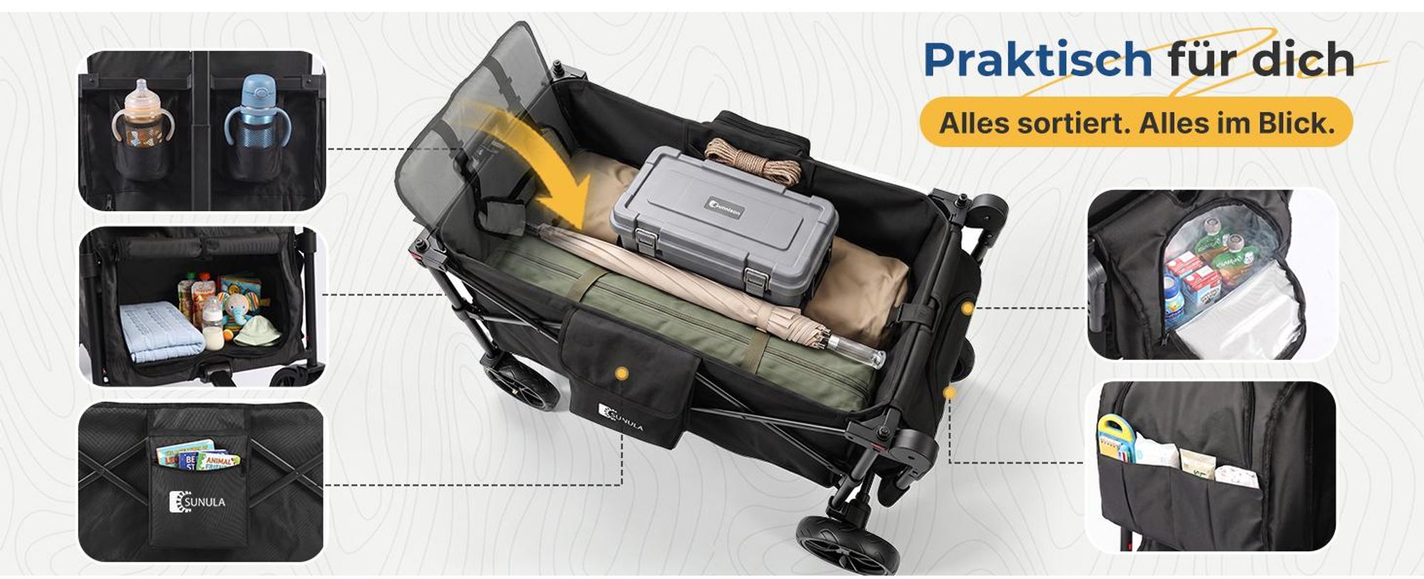 Sekey Faltbar Bollerwagen mit Dach, für 1 bis 2 Kinder, Schiebe- und Zieh Funktion, mit XXL-Rädern (25/20 cm) und 5-Punkt-Gurtsystem, Grau