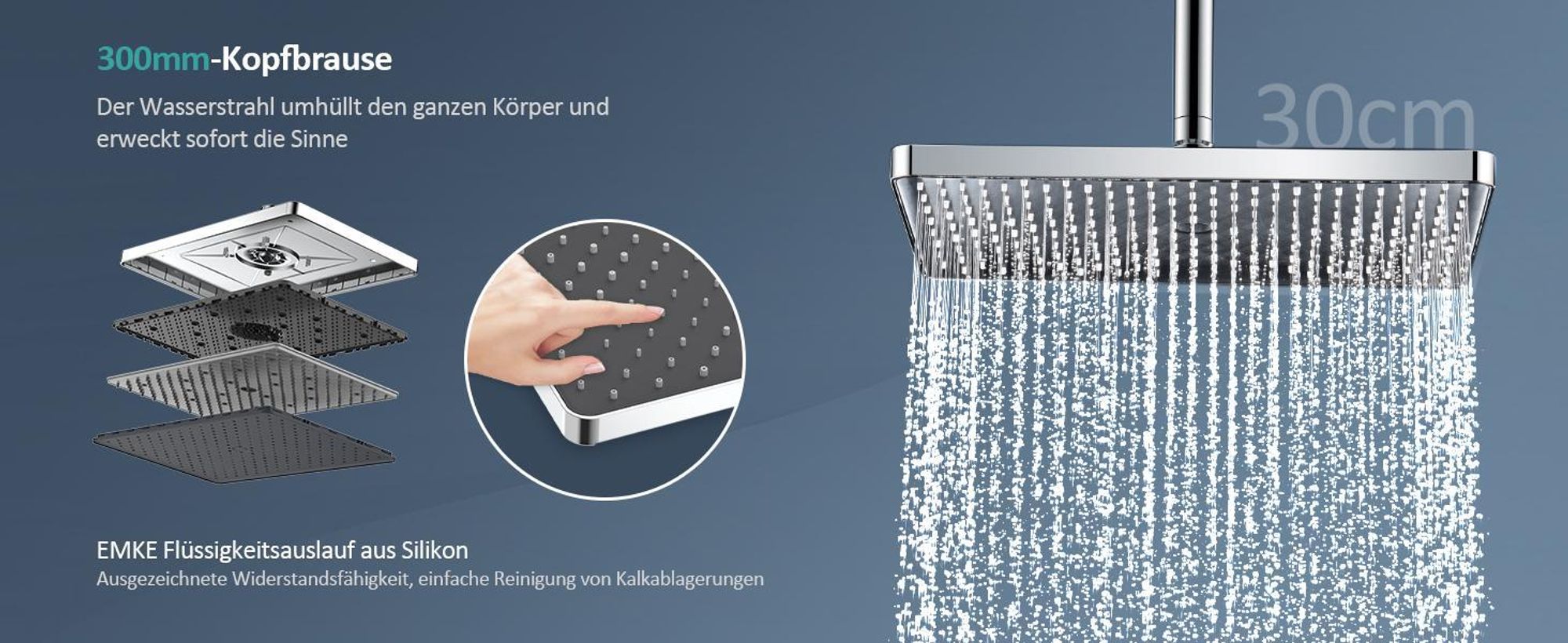 EMKE Duschsystem mit Thermostat Edelstahl Duschset mit 3 Funktion Handbrause, Regendusch, Duschpaneel, Bad- & Duscharmaturen, KTW, Chrom - F08