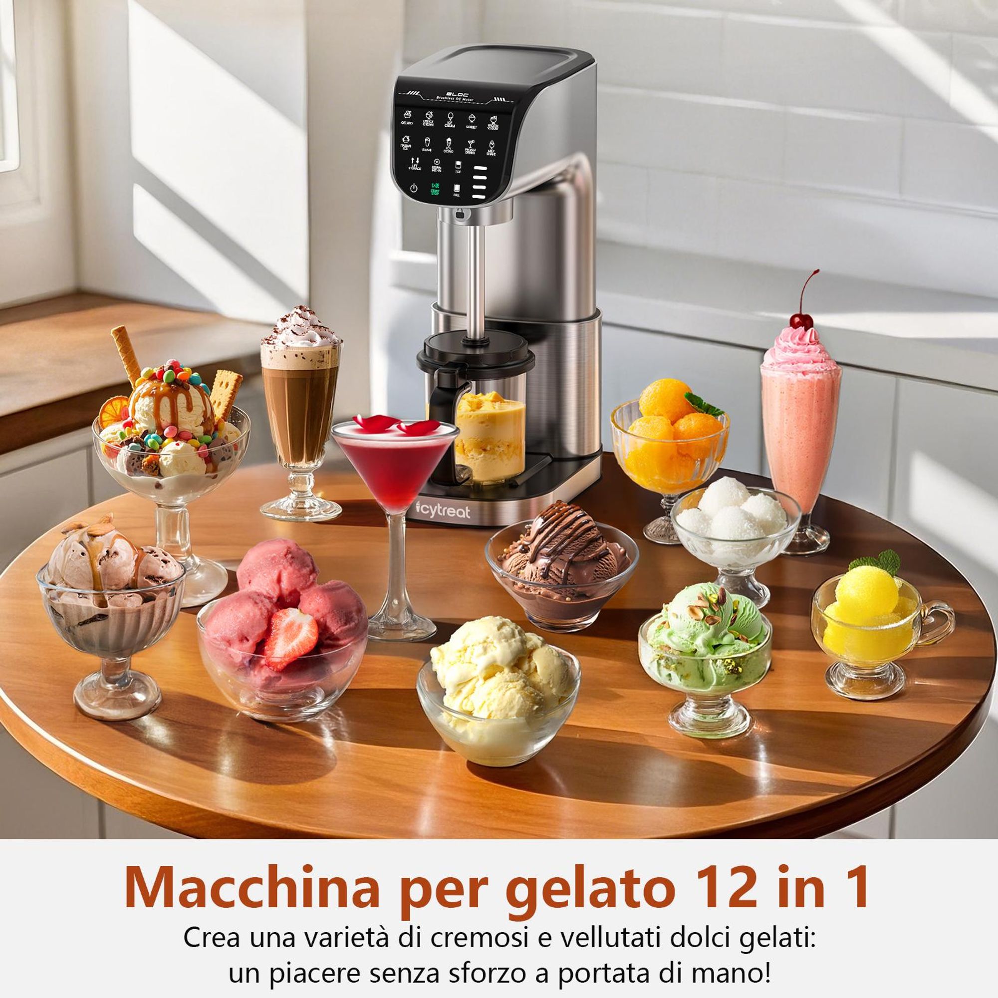 Gelatiera IcyTreat IC-1010 EU – Certificata CE – Completamente automatica, corpo in acciaio inox – Dotata di 3 contenitori e 12 programmi – Argento
