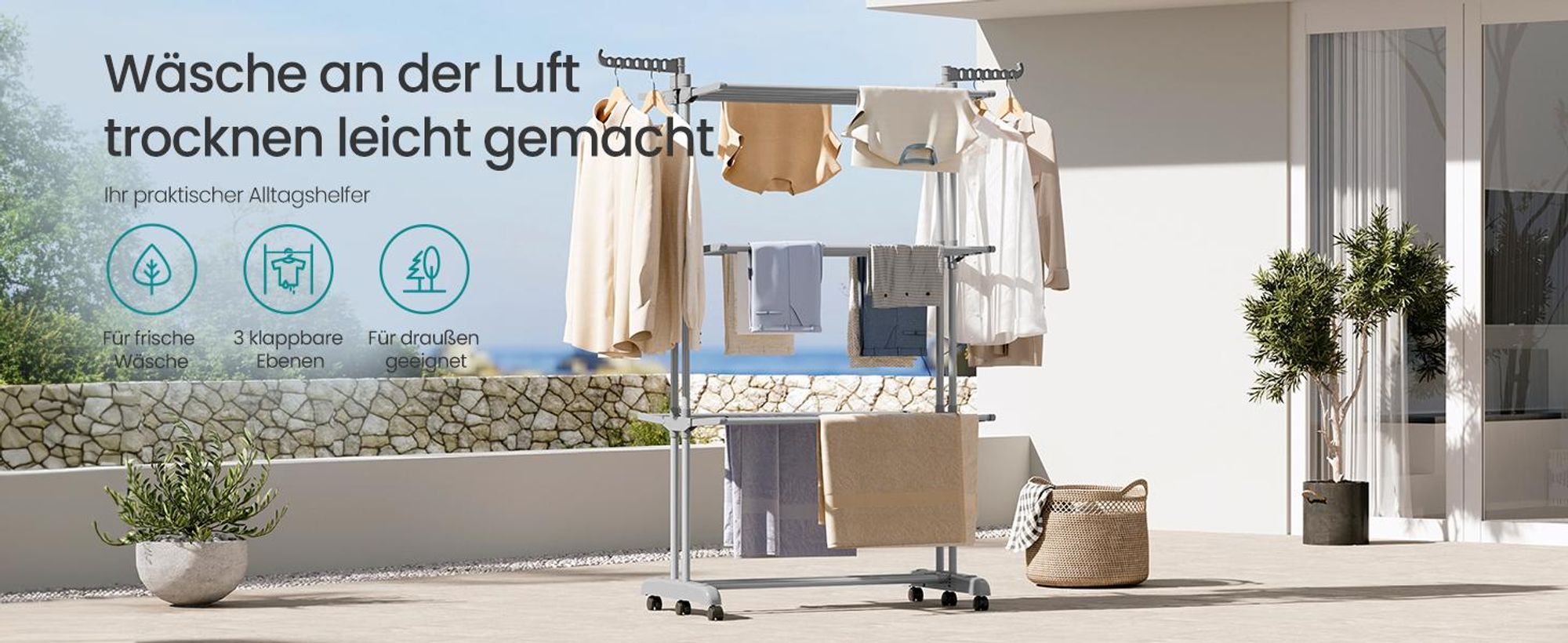 SONGMICS Wäscheständer, Standtrockner 4 Ebenen, klappbar, rollbar, Sockenhalter, 63,5 x 125,5 x 172,5 cm, grau