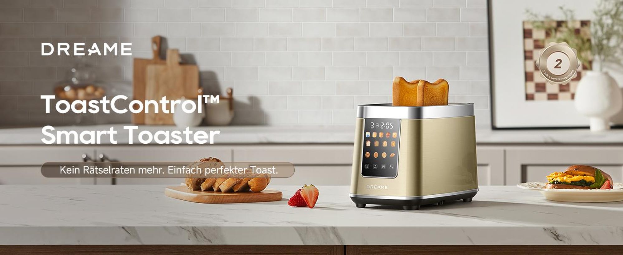Dreame Smart Toaster 2 Scheiben,5,3-Zoll-IMD-Touchscreen,Motorisiertes Auto-Lift-Design,8 Brotprogramme&6 Bräunungsstufen,3 praktische Funktionen,Gold