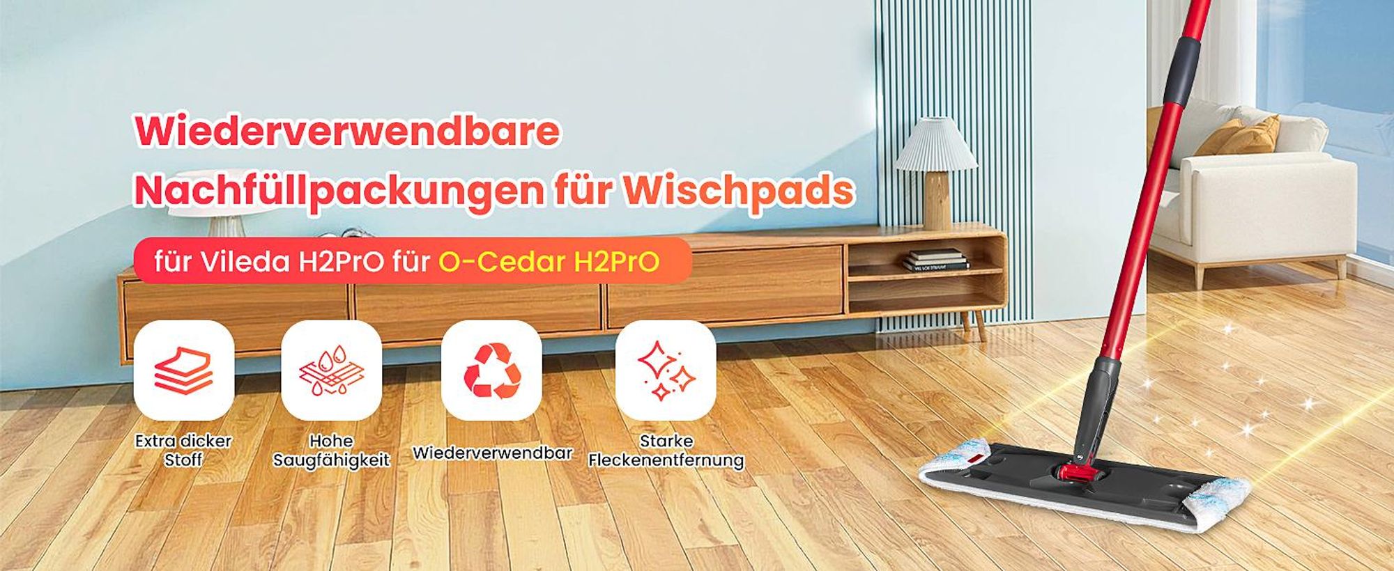 4 Stück Wischmopp Ersatzbezug für Vileda H2PrO Bodenwischer, Mikrofaser Wischpads Ersatz für O-Cedar H2prO Flacher, Wiederverwendbar, Boden Reinigen